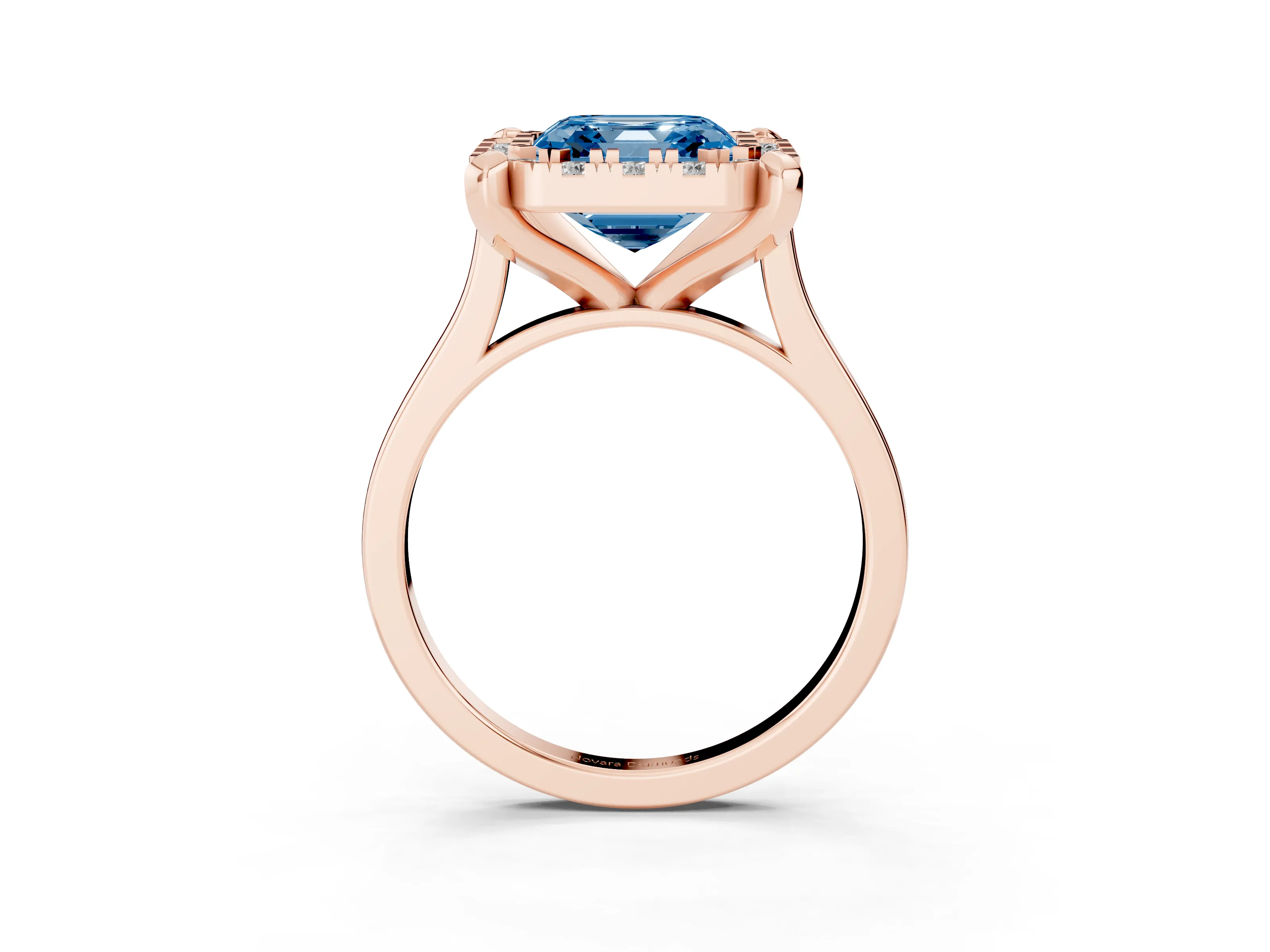 Fancy Blue Asscher Cut Diamond Cluster Halo Solitaire Ring Set in Rose gold with Prong Setting