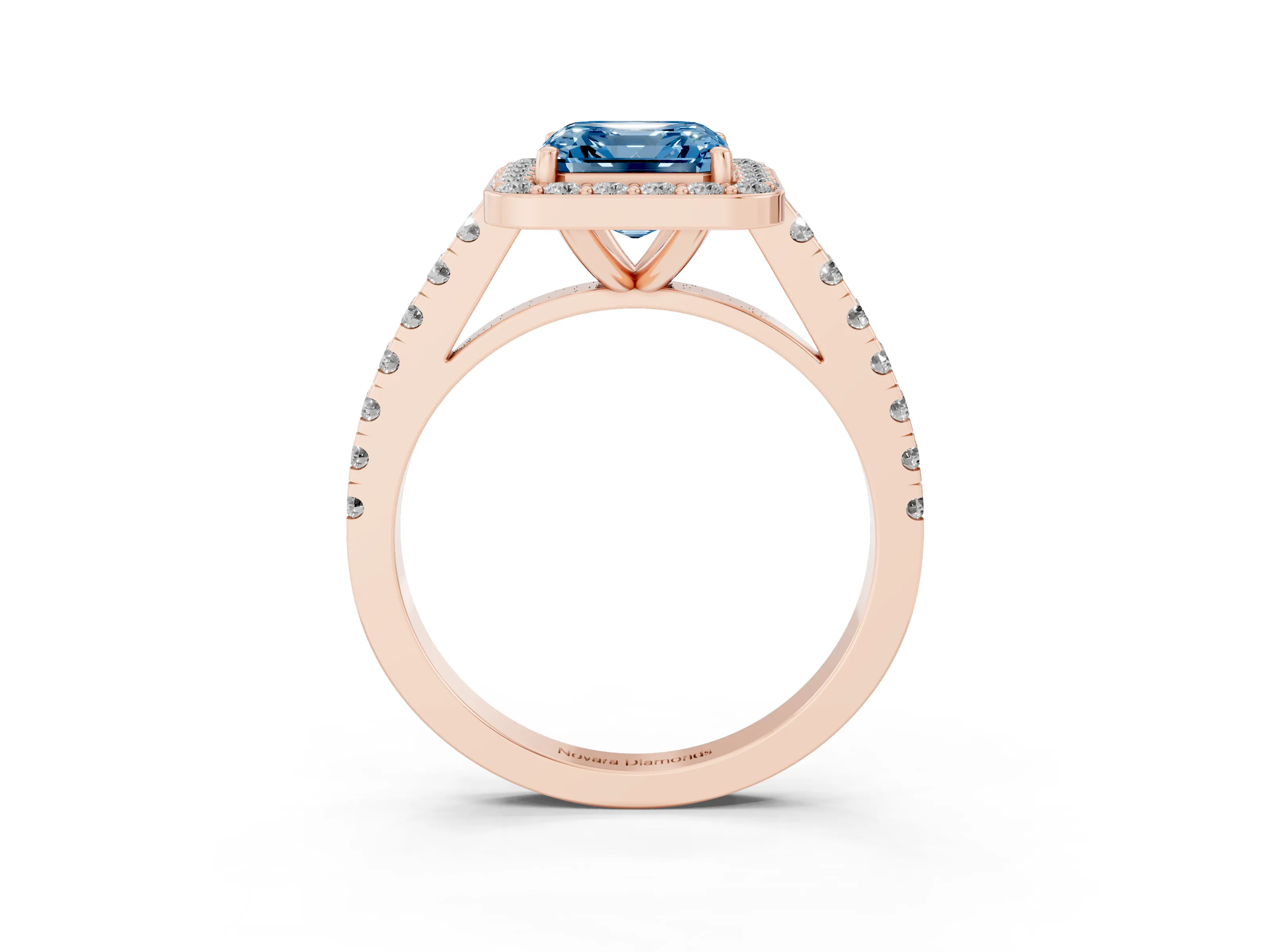 Fancy Blue Asscher Cut Diamond Halo Ring Set in Rose gold with Round Pavé Split Shank and Prong Setting