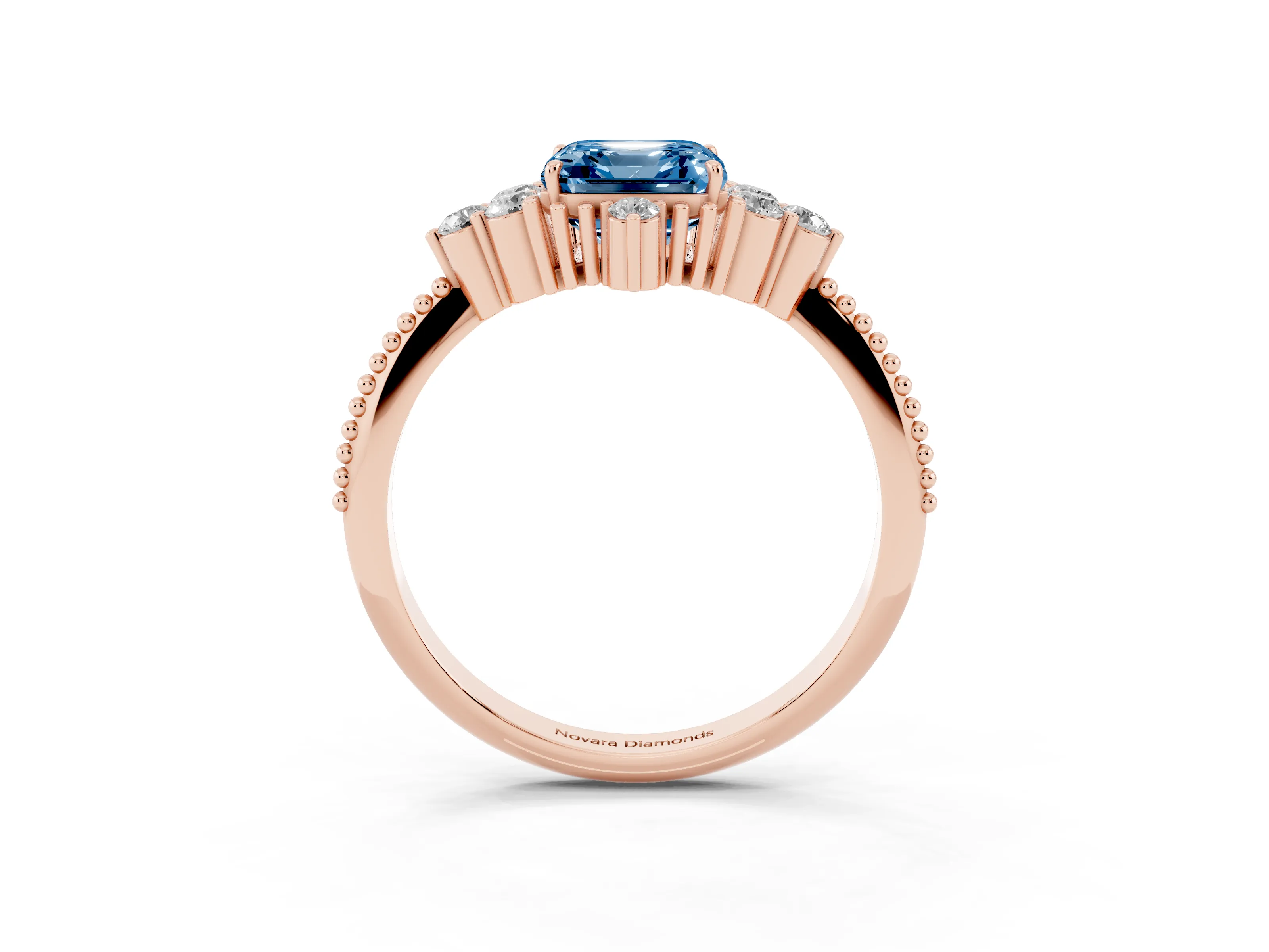 Fancy Blue Asscher Cut Diamond Cluster Ring Set in Rose gold with Beaded Band