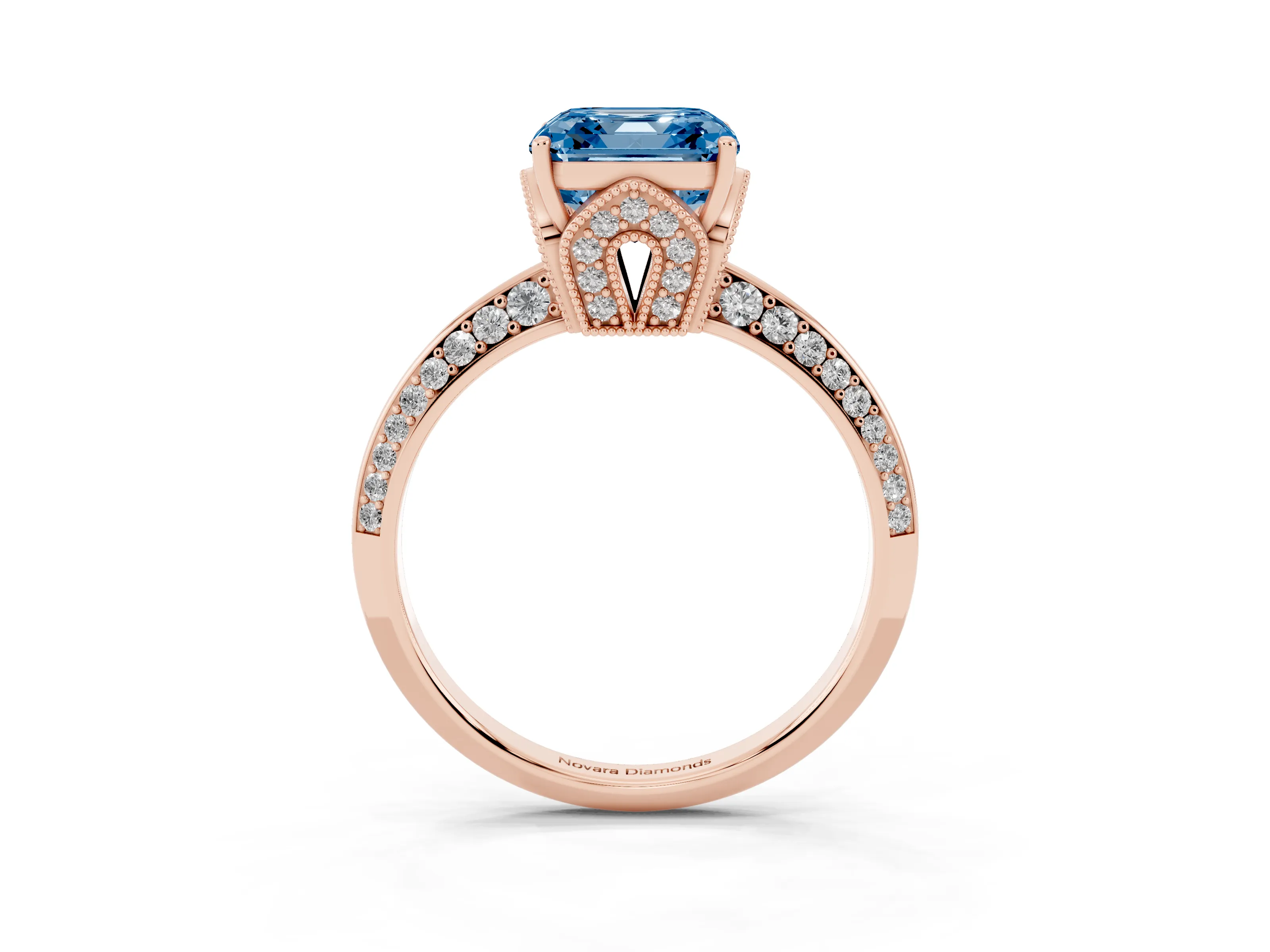 Fancy Blue Asscher Cut Diamond Solitaire Engagement Ring Set in Rose gold with Pavé Split Shank and Prong Setting
