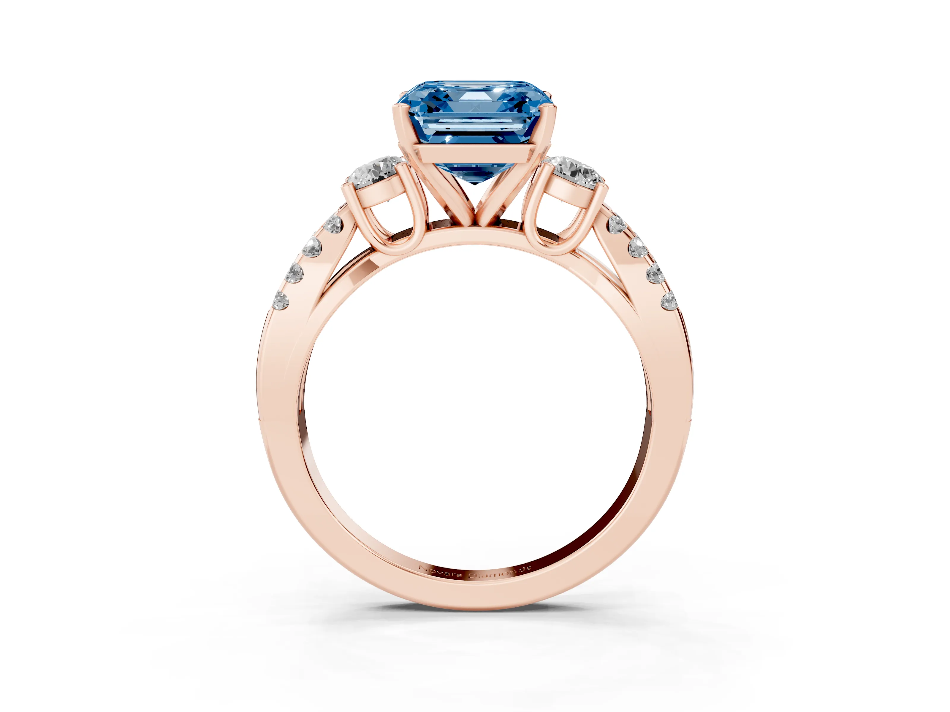 Fancy Blue Asscher Cut Diamond Three-Stone Ring Set in Rose gold with Pavé Split Shank and Prong Setting