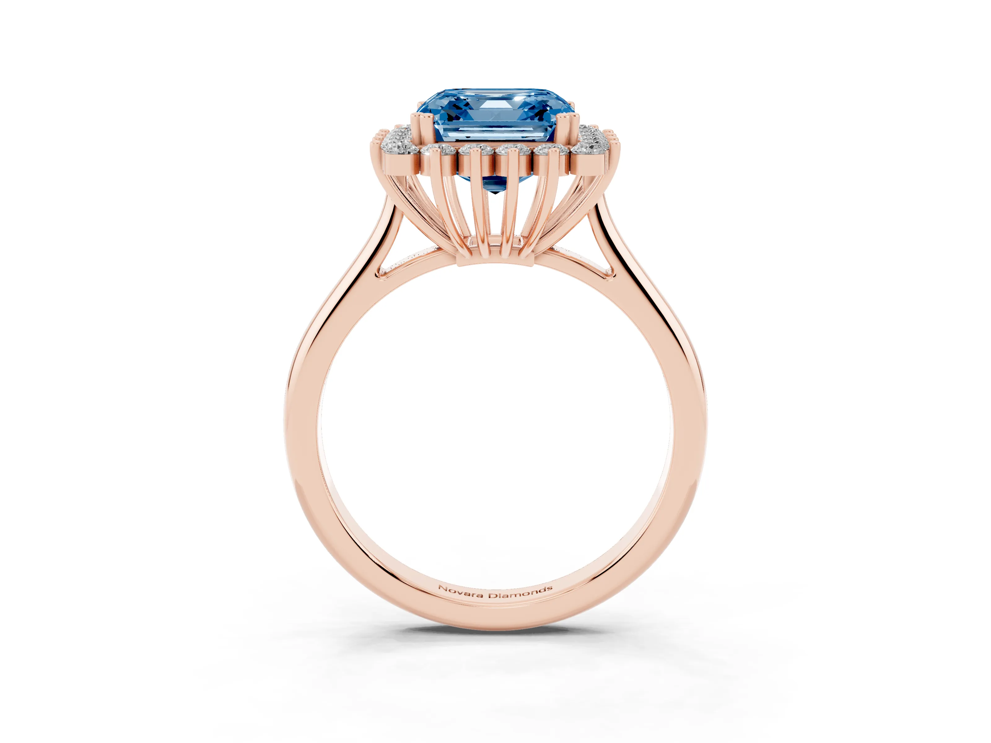 Fancy Blue Asscher Cut Diamond Halo Ring Set in Rose gold with Plain Solitaire Band and Prong Setting
