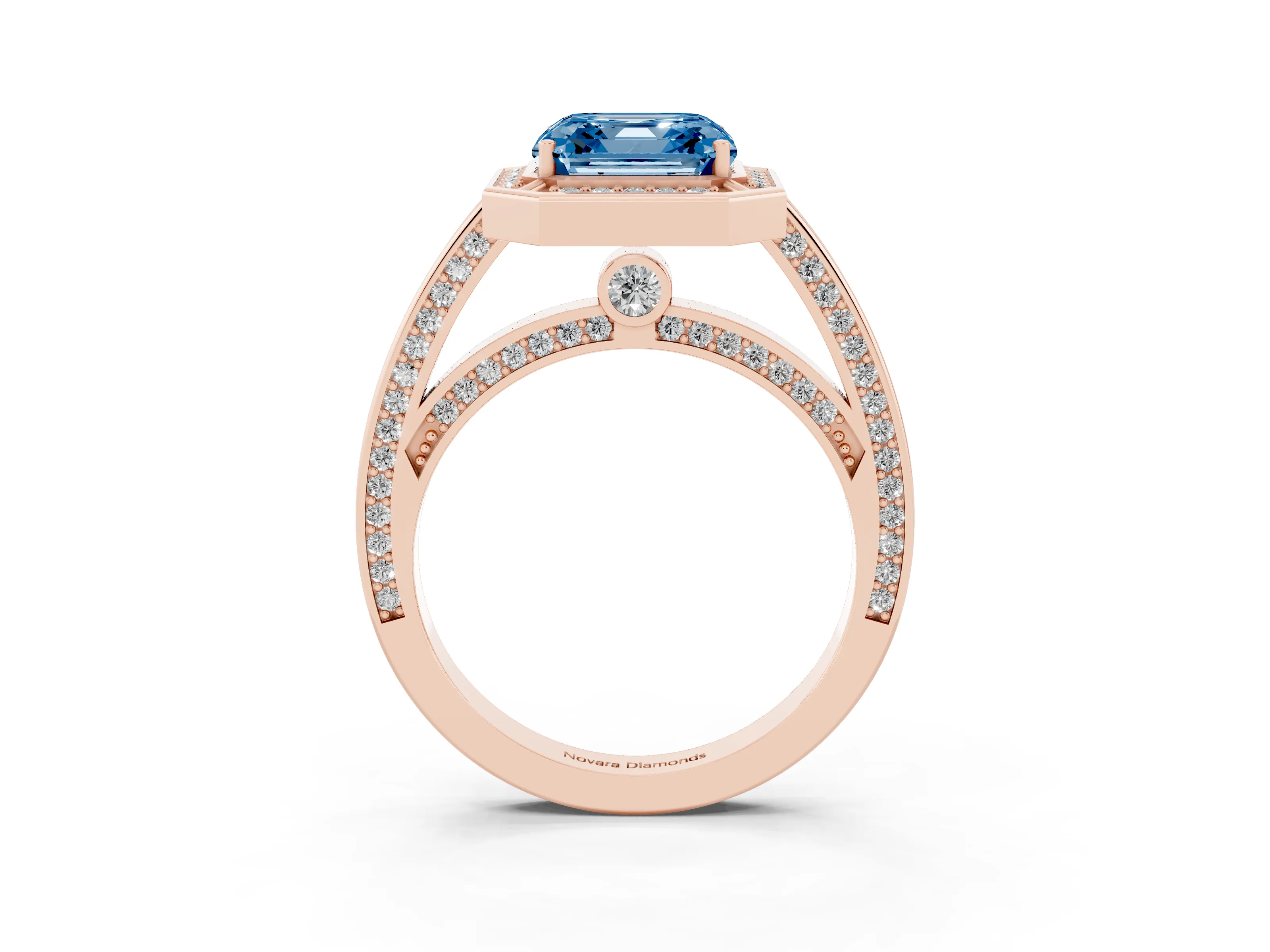 Fancy Blue Asscher Cut Diamond Halo Pavé Split Shank Ring Set in Rose gold with Prong Setting