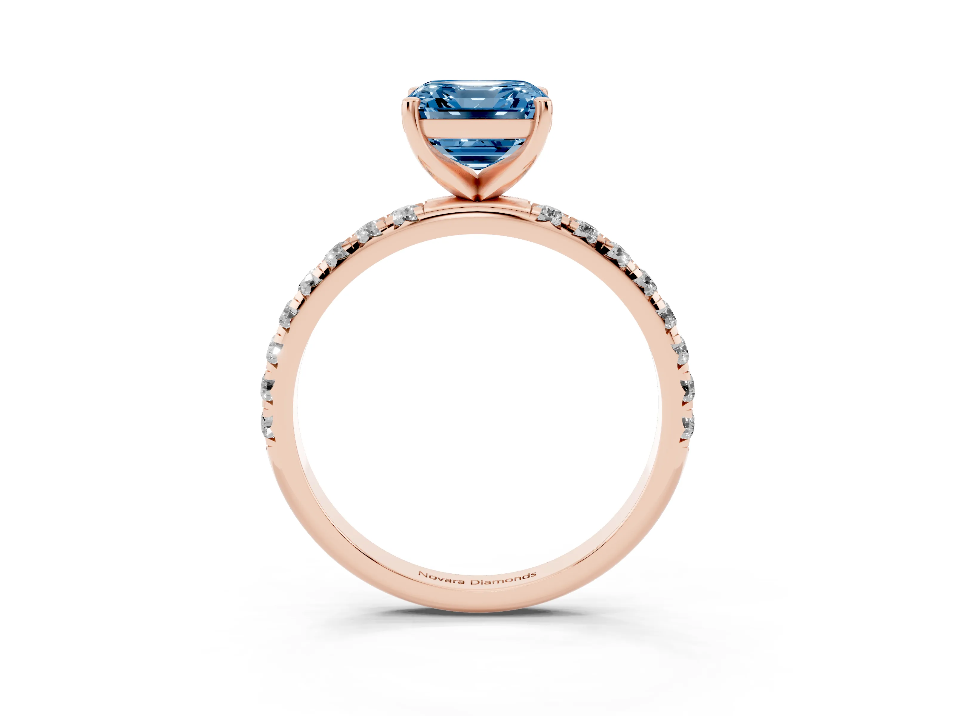 Fancy Blue Asscher Cut Diamond Solitaire Ring Set in Rose gold with Micro Pavé Band and Prong Setting
