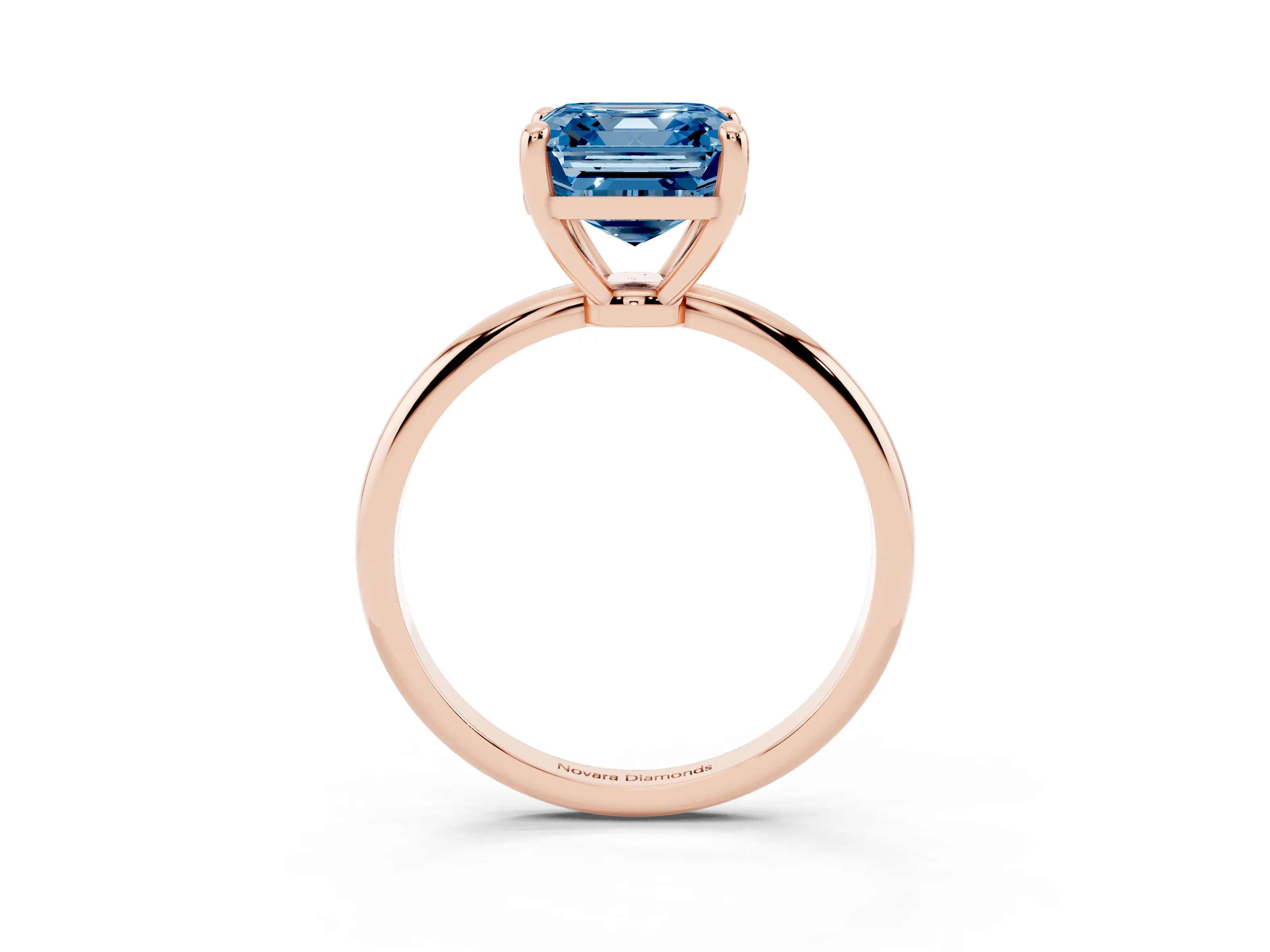 Fancy Blue Asscher Cut Diamond Solitaire Ring Set in Rose gold with Secure Prong Setting on a Classic Band
