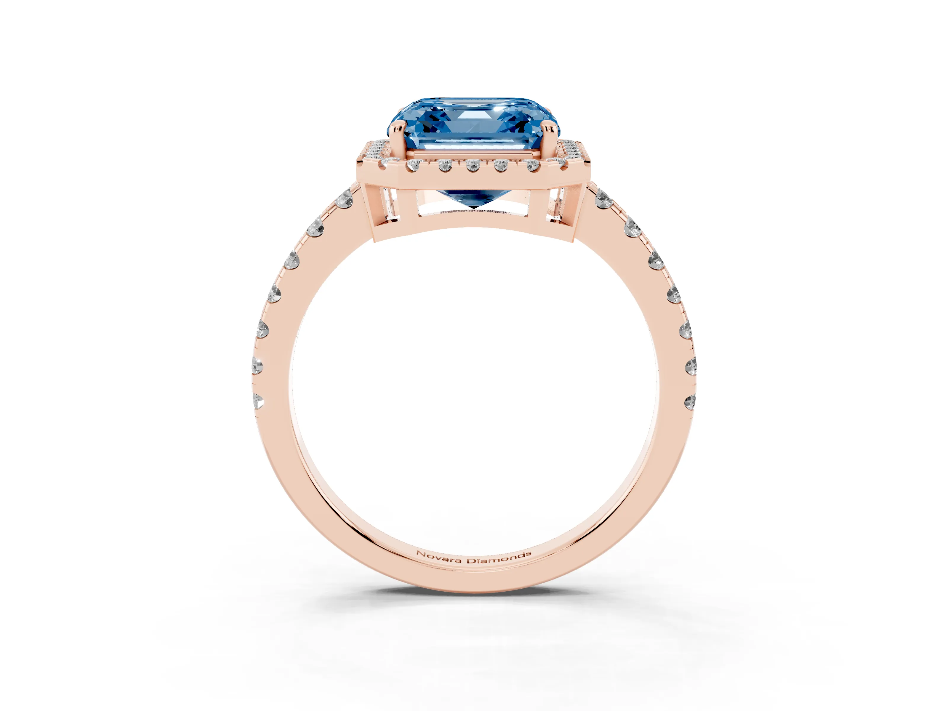 Fancy Blue Asscher Cut Diamond Halo Ring Set in Rose gold with Delicate Pavé Band and Prong Setting