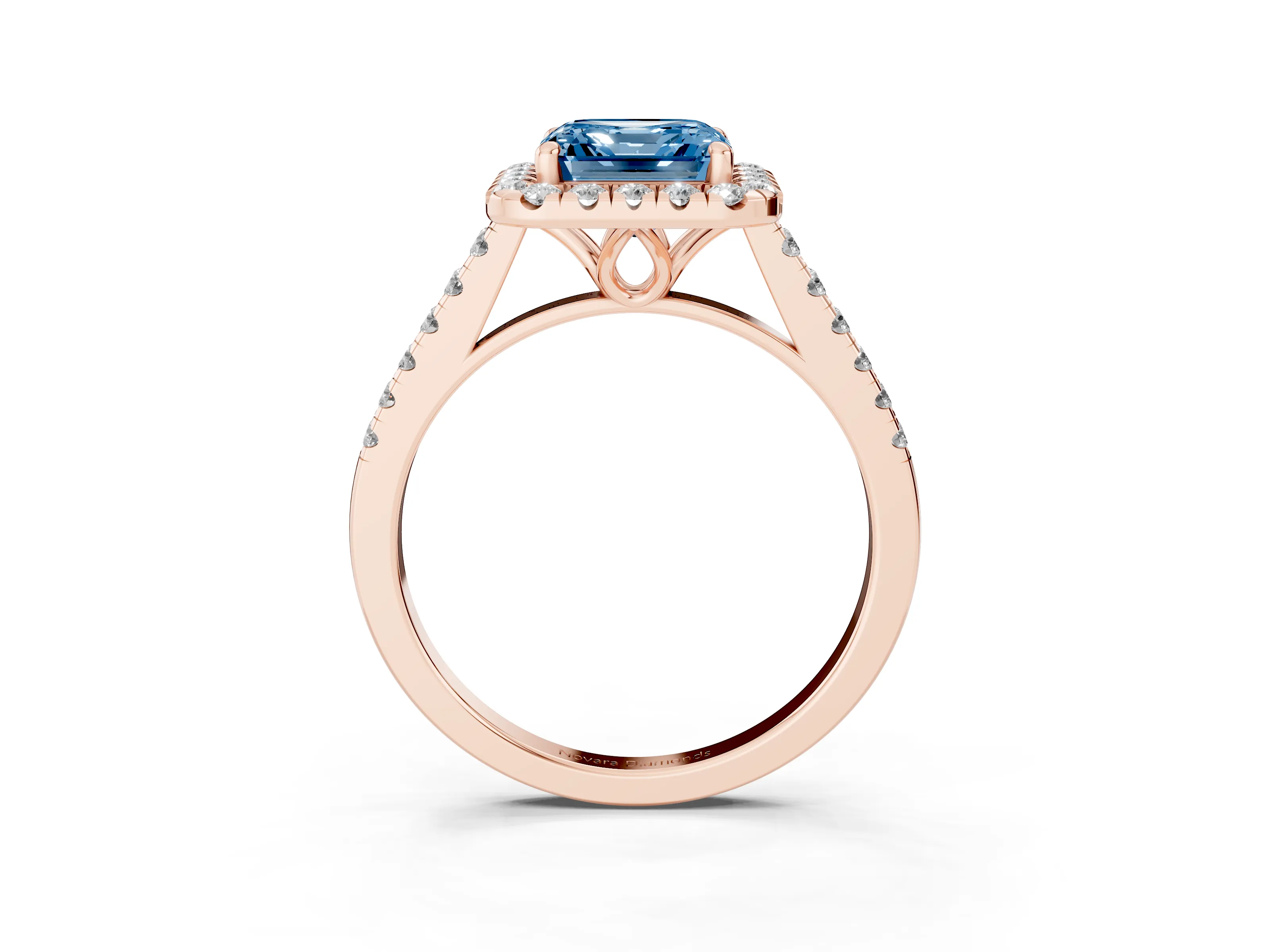 Fancy Blue Asscher Cut Diamond Pavé Halo Engagement Ring Set in Rose gold with Pavé Band and Prong Setting