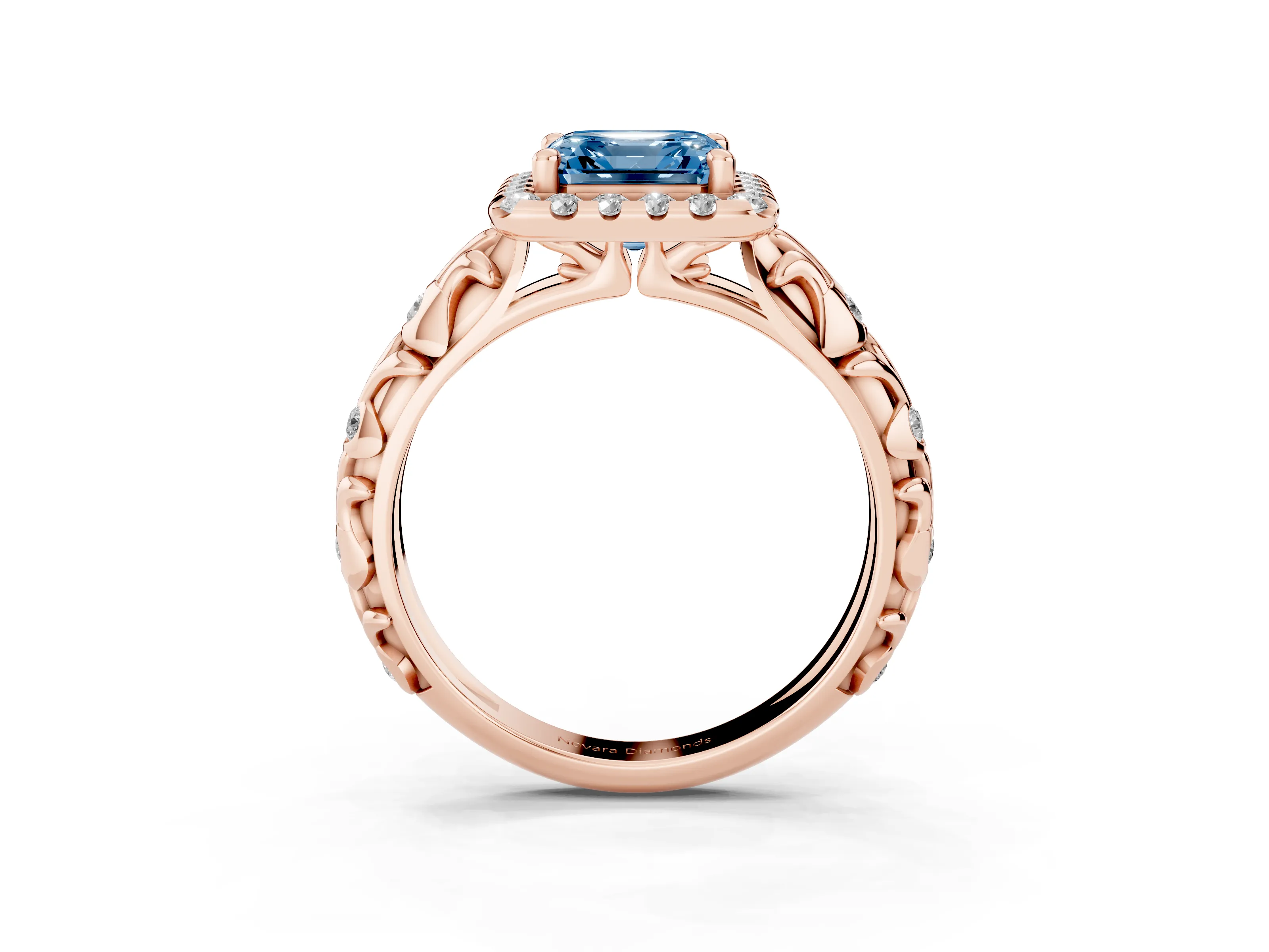 Fancy Blue Asscher Cut Diamond Halo Ring Set in Rose gold with Filigree Leaf Band and Prong Setting