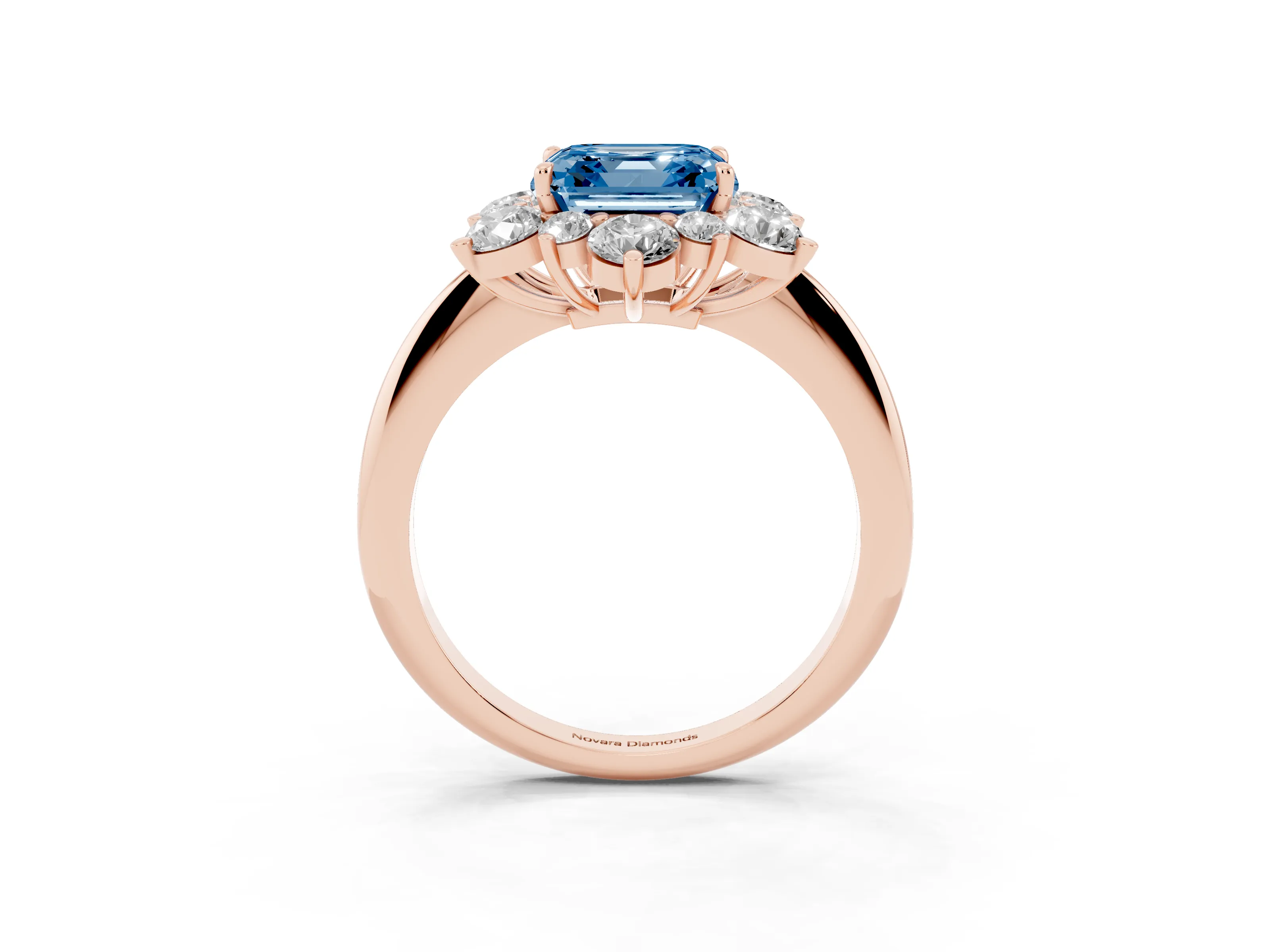 Fancy Blue Asscher Cut Diamond Cluster Halo Ring Set in Rose gold with Solitaire Band and Prong Setting