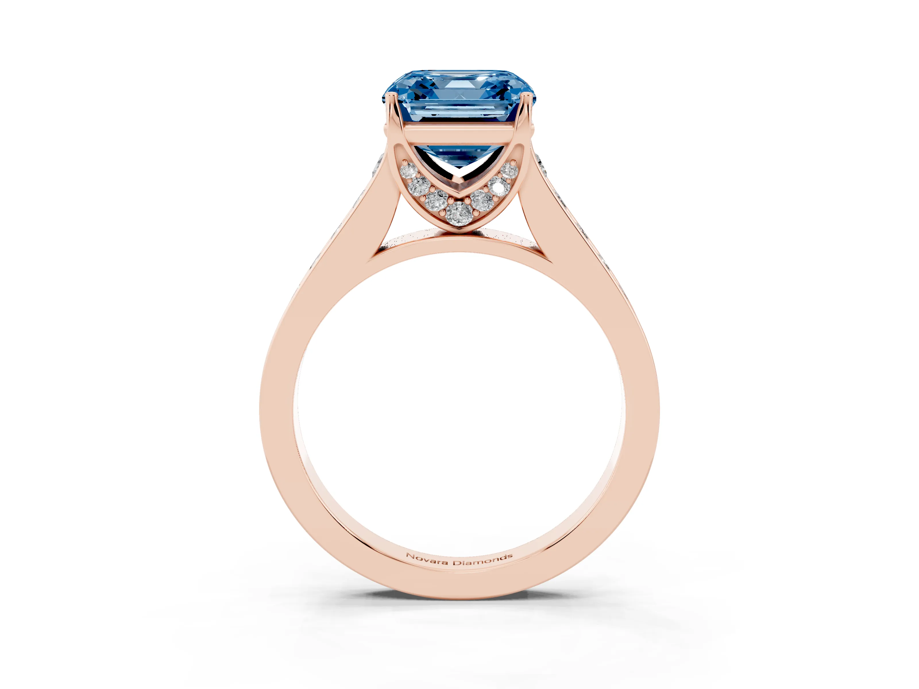 Fancy Blue Asscher Cut Diamond Solitaire Pavé Engagement Ring Set in Rose gold with Prong Setting