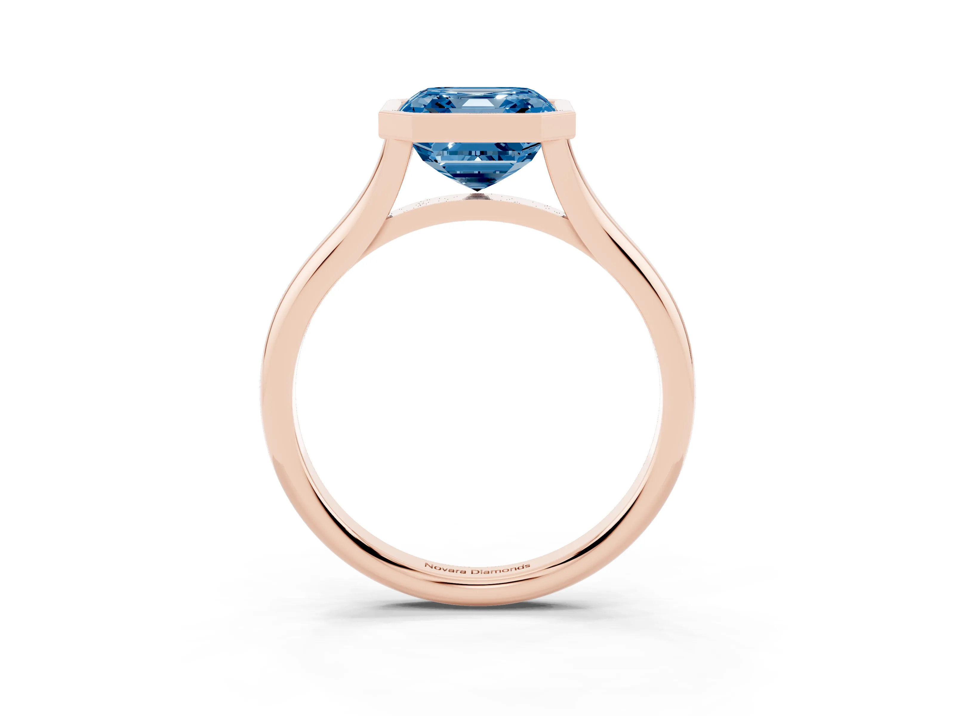 Fancy Blue Bezel Set Asscher Cut Diamond Solitaire Ring Set in Rose gold with Tapered Band