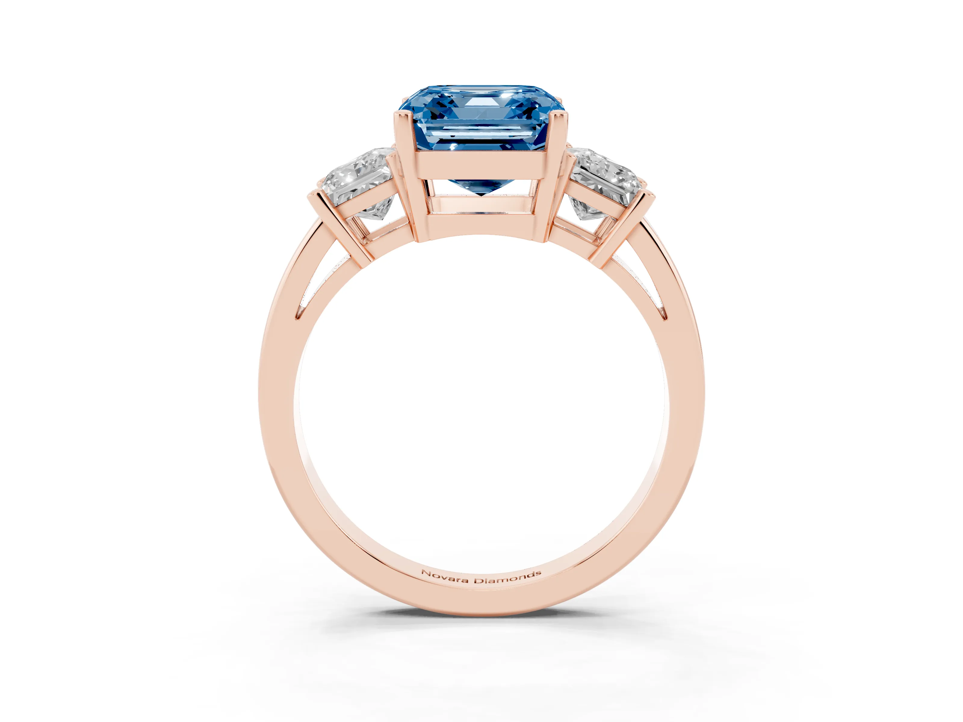 Fancy Blue Three-Stone Asscher Cut Diamond Solitaire Ring Set in Rose gold with Prong Setting
