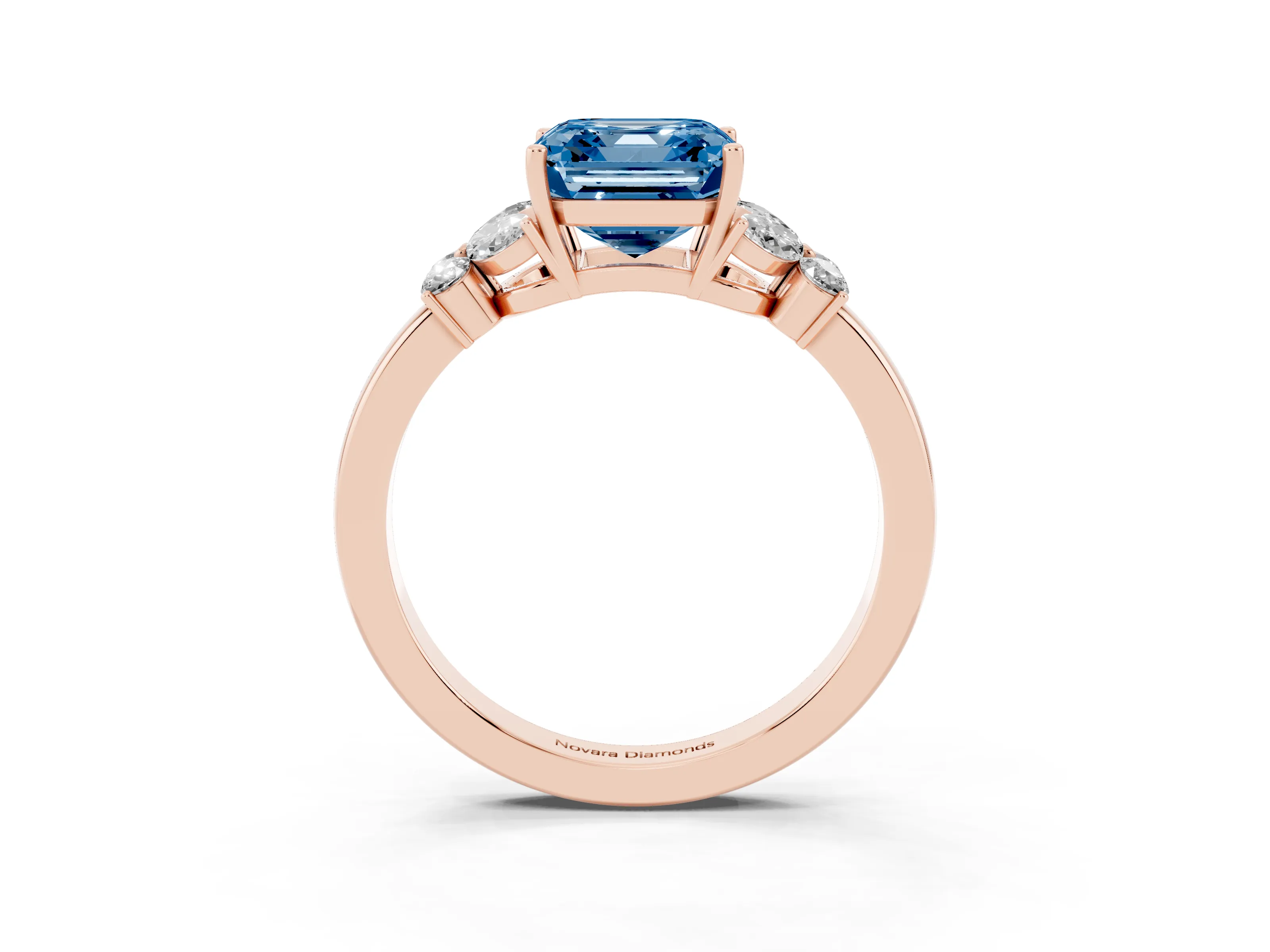 Fancy Blue Asscher Cut Diamond Solitaire Floral Ring Set in Rose gold with Marquise Petals and Prong Setting