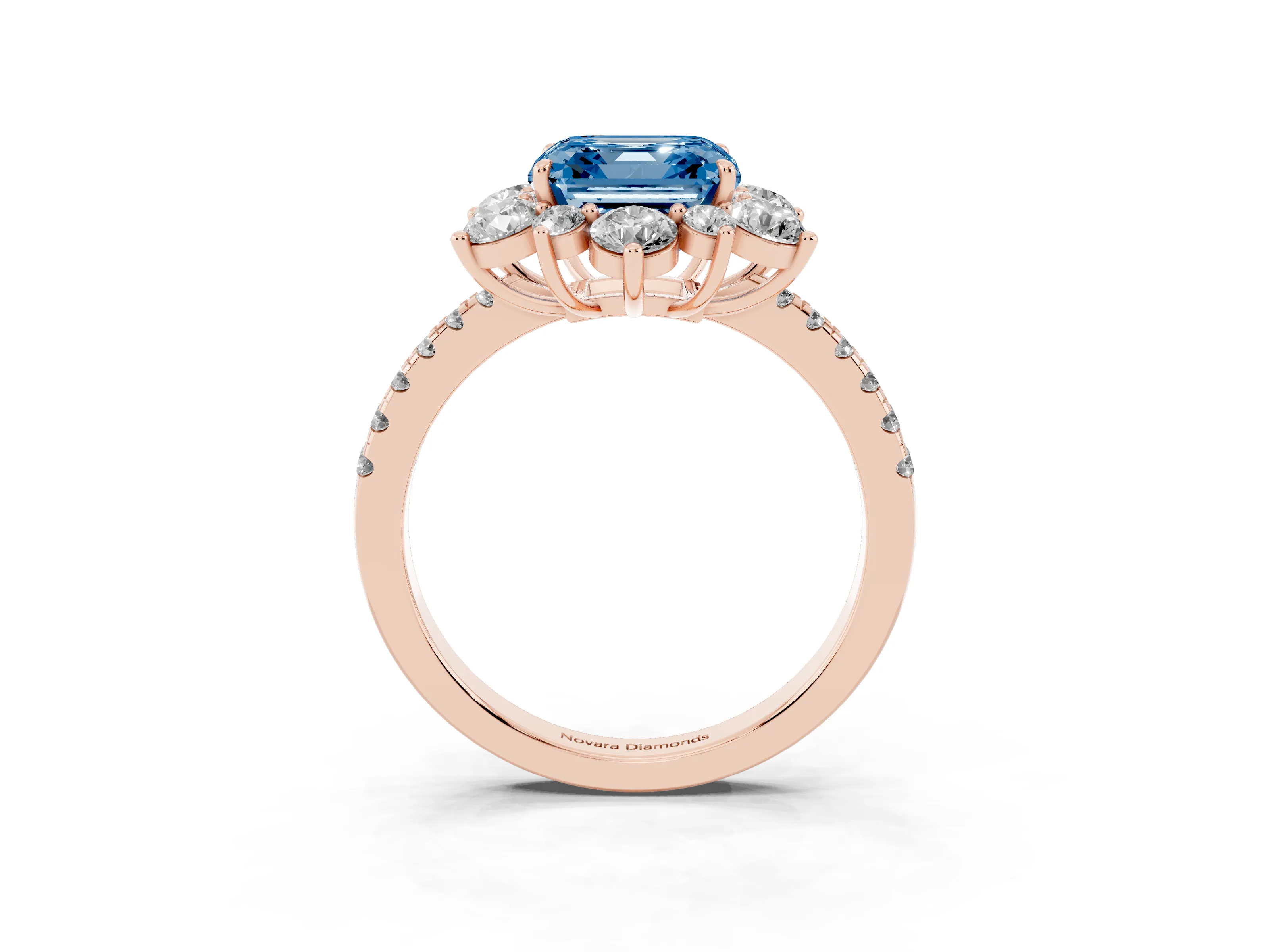 Fancy Blue Asscher Cut Diamond Floral Halo Ring Set in Rose gold with Round Pavé Band and Prong Setting