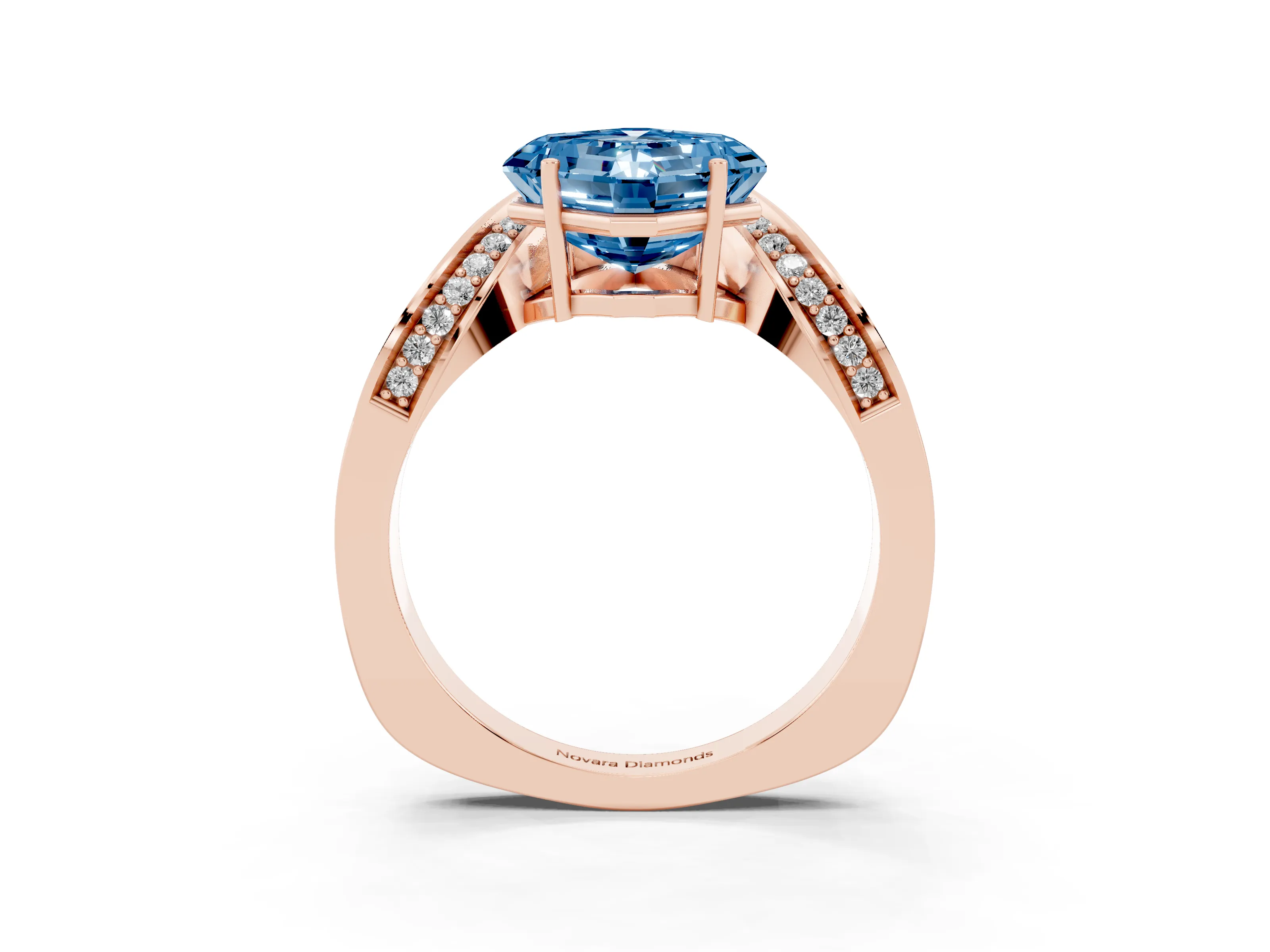 Fancy Blue Asscher Cut Diamond Solitaire Engagement Ring Set in Rose gold with Pavé Shoulders