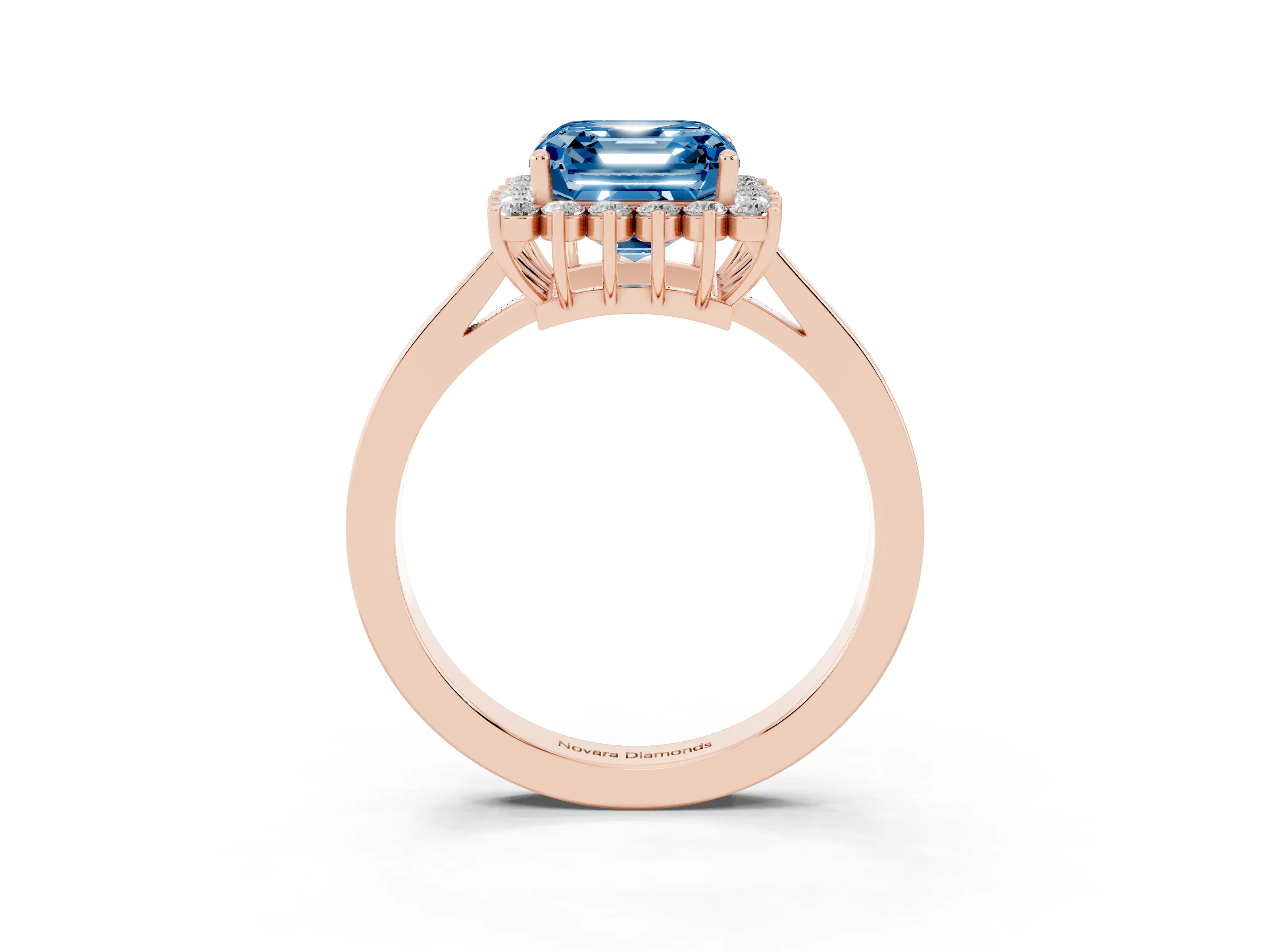Fancy Blue Asscher Cut Diamond Halo Ring Set in Rose gold with Round Halo and Smooth Solitaire Band