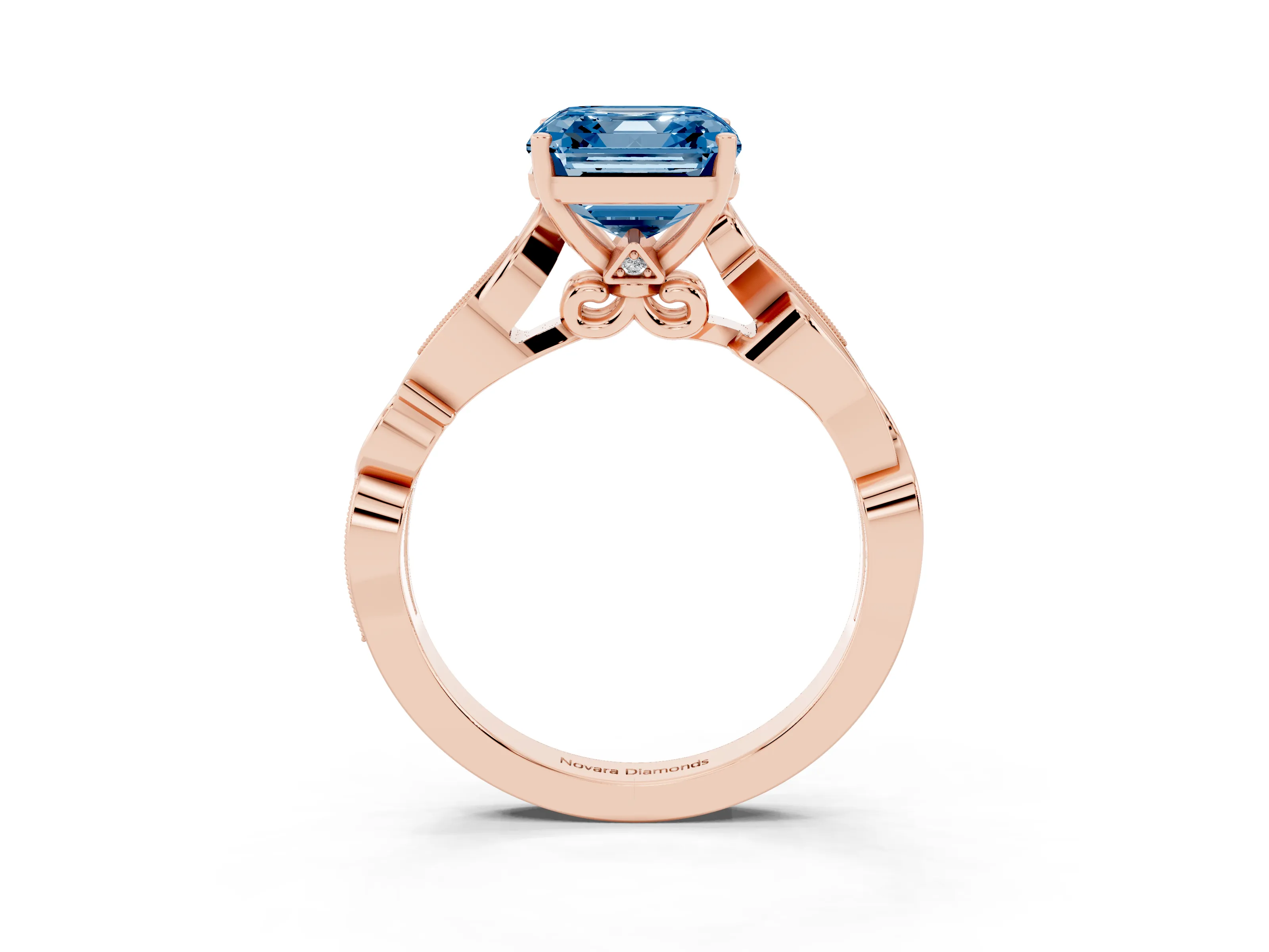 Fancy Blue Asscher Cut Diamond Vine Band Solitaire Ring Set in Rose gold with Milgrain Prong Setting
