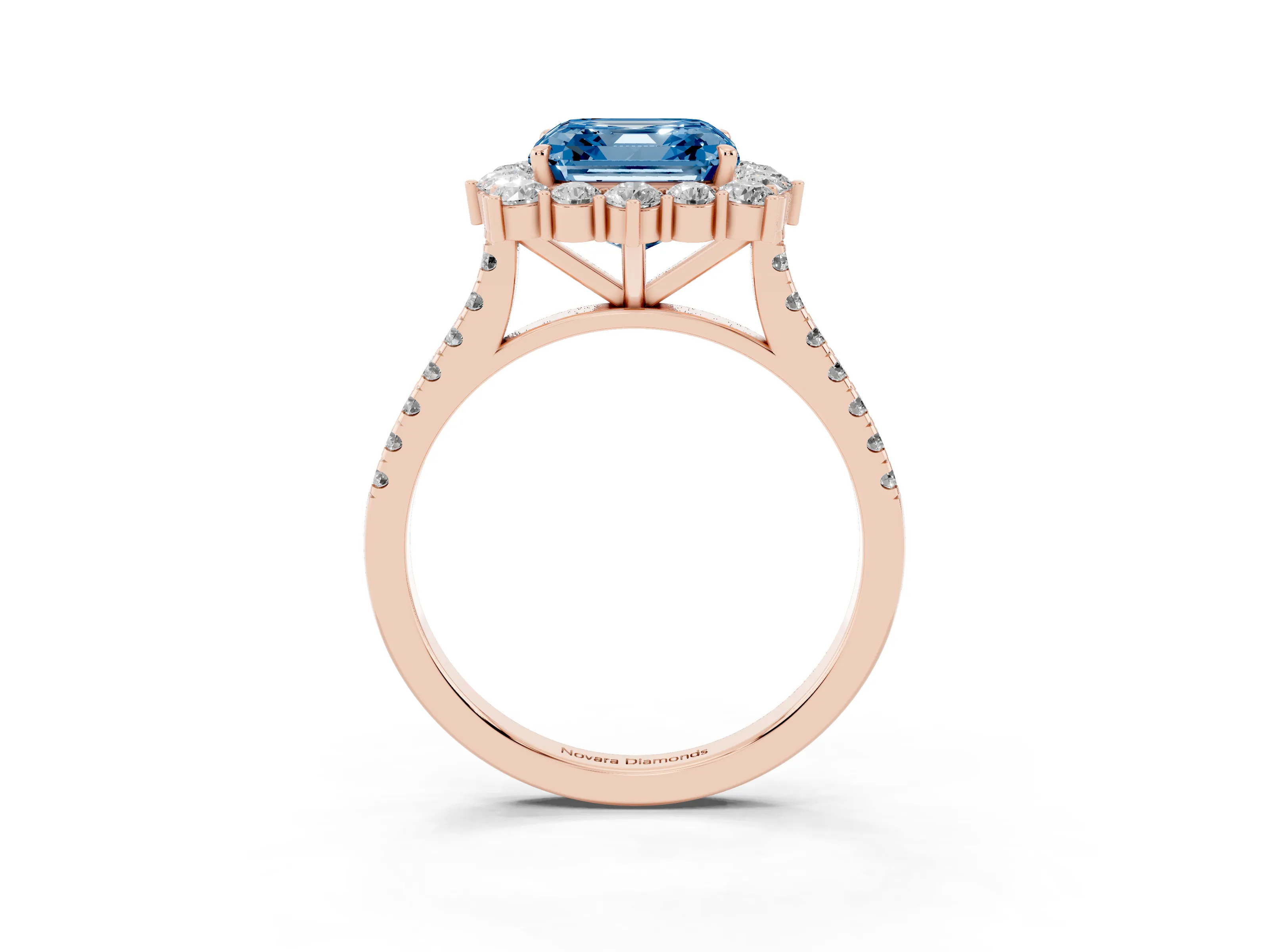 Fancy Blue Asscher Cut Diamond Halo Ring Set in Rose gold with Pavé Band and Prong Setting