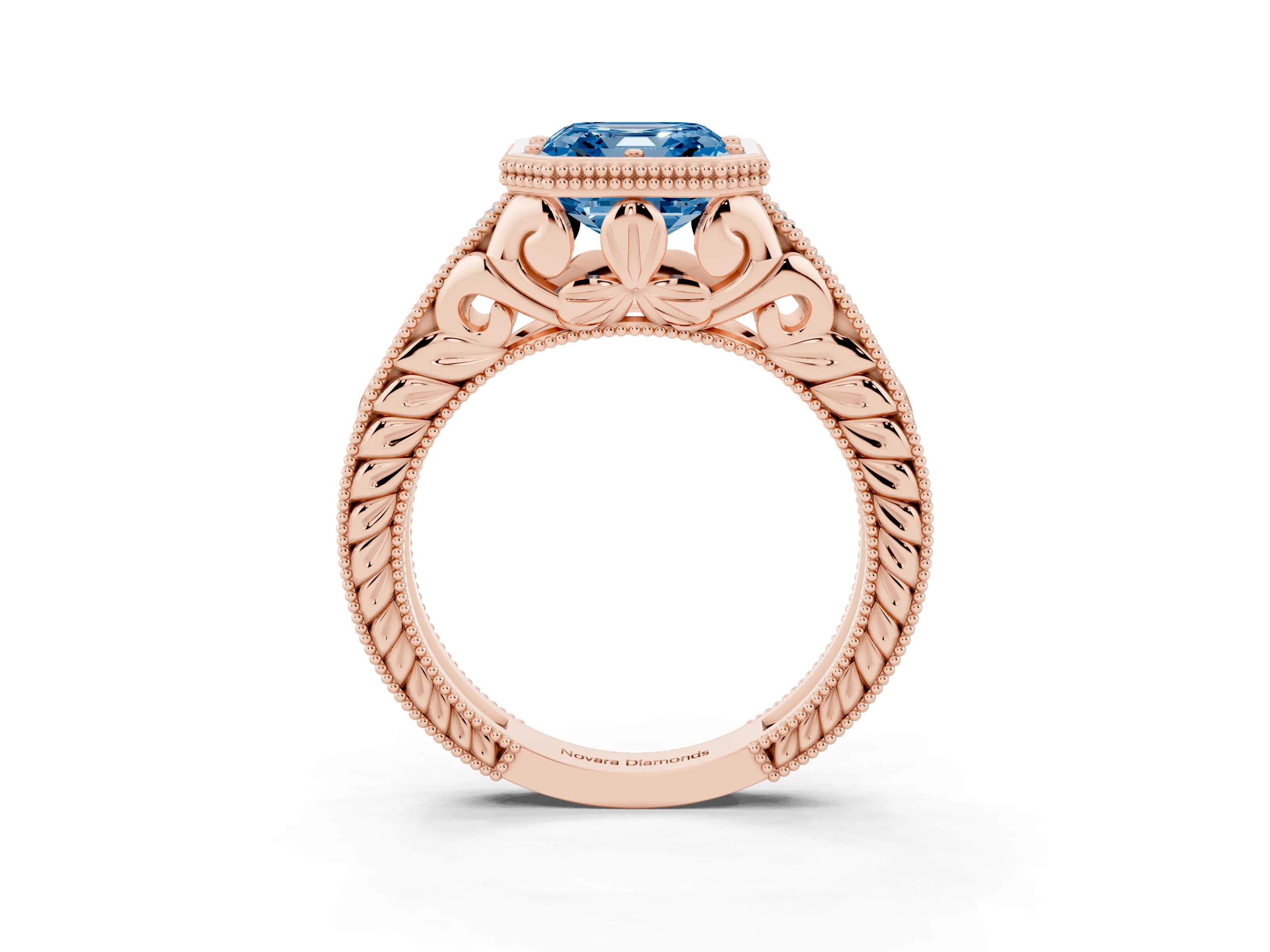 Fancy Blue Bezel Set Asscher Cut Diamond Milgrain Pavé Engagement Ring Set in Rose gold