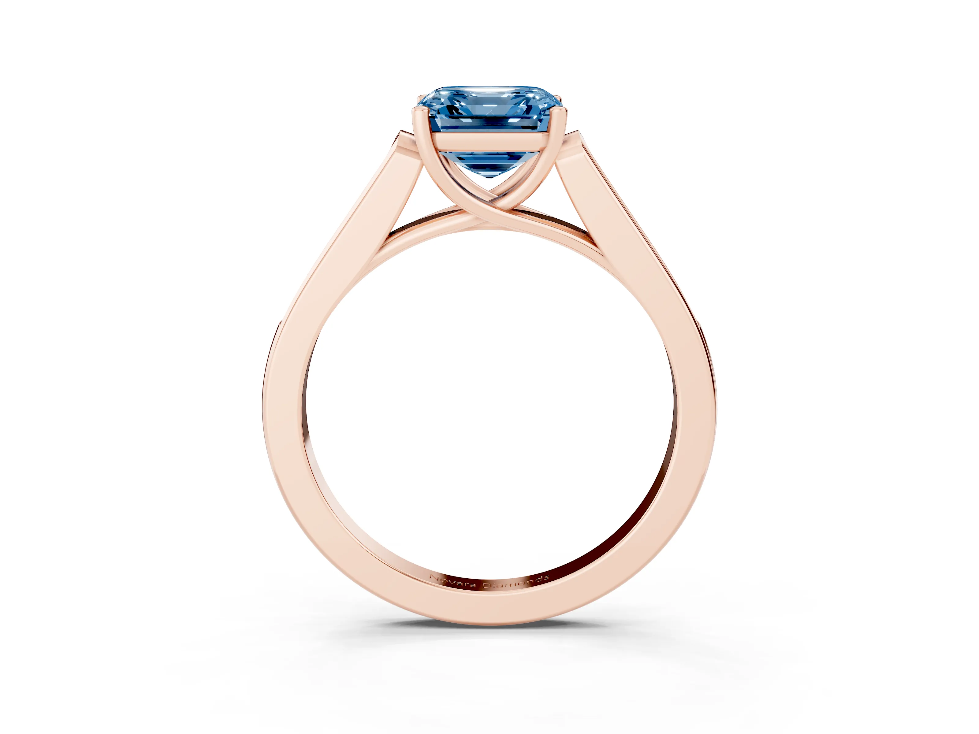 Fancy Blue Asscher Cut Diamond Solitaire Cathedral Engagement Ring Set in Rose gold with Channel-Set Band and Prong Setting