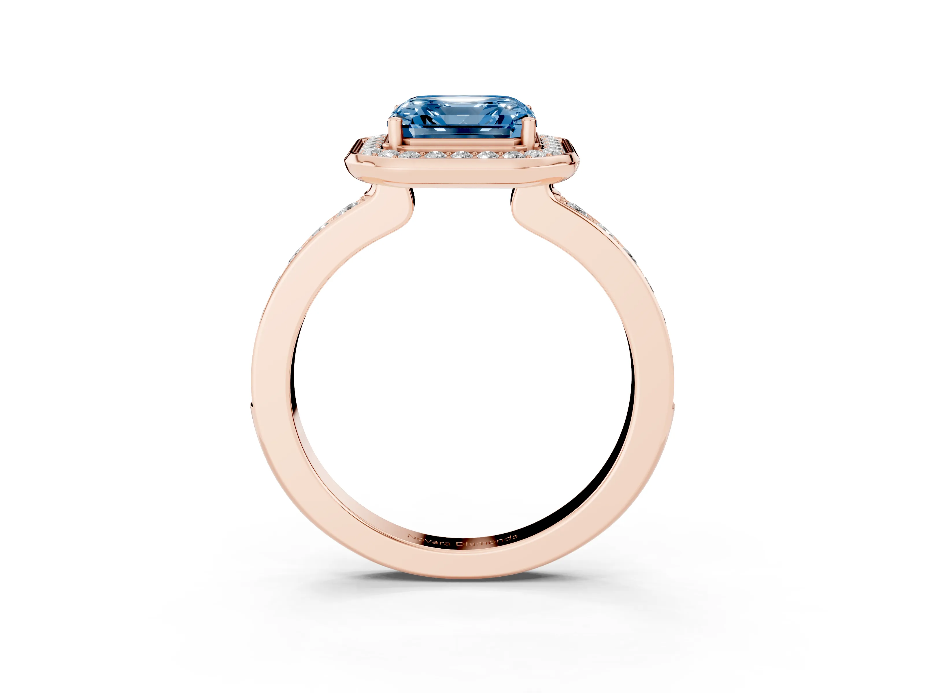 Fancy Blue Asscher Cut Diamond Halo Ring Set in Rose gold with Bezel Frame and Pavé Band