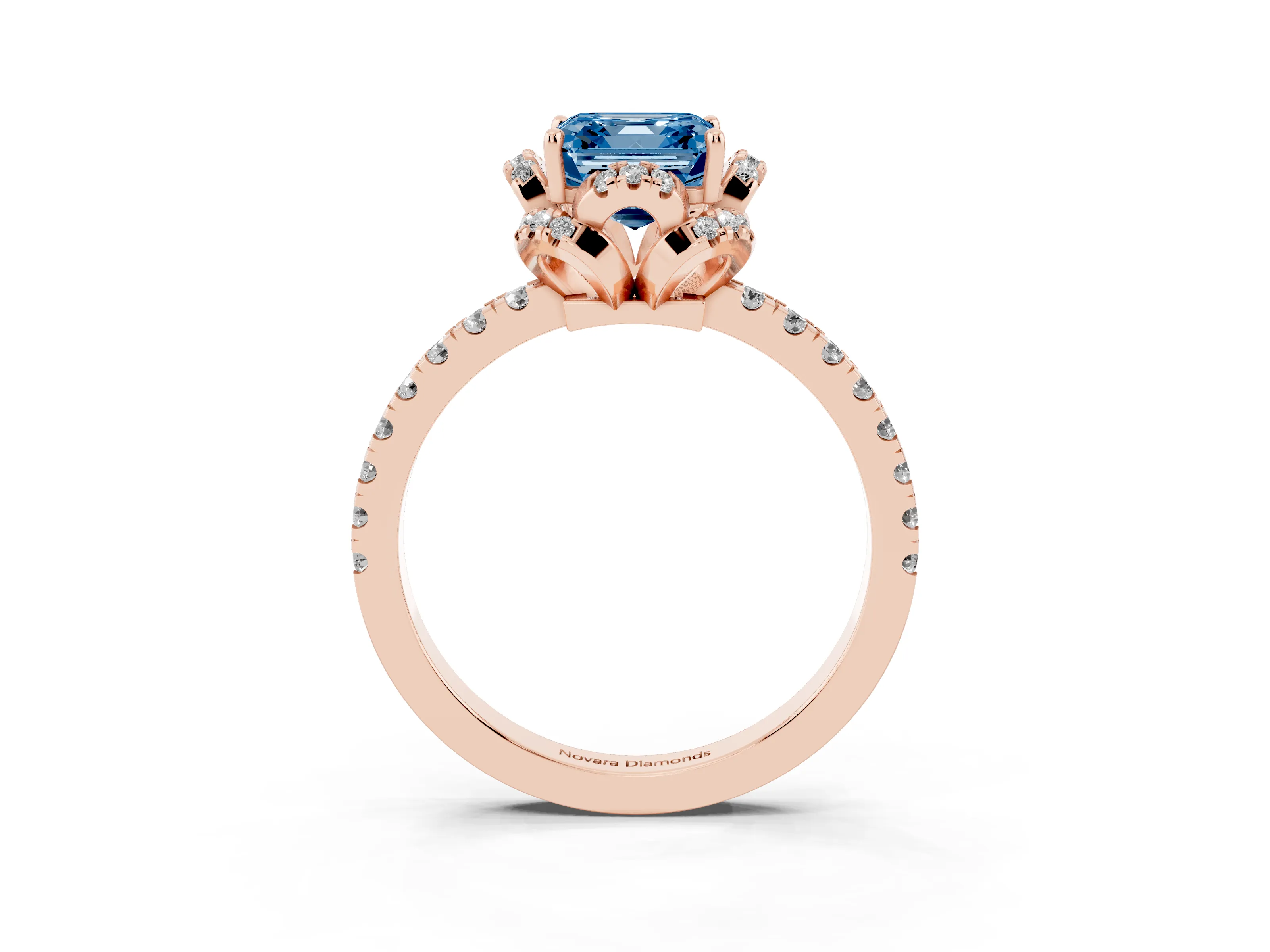 Fancy Blue Asscher Cut Diamond Halo Pavé Band Ring Set in Rose gold with Prong-Held Center