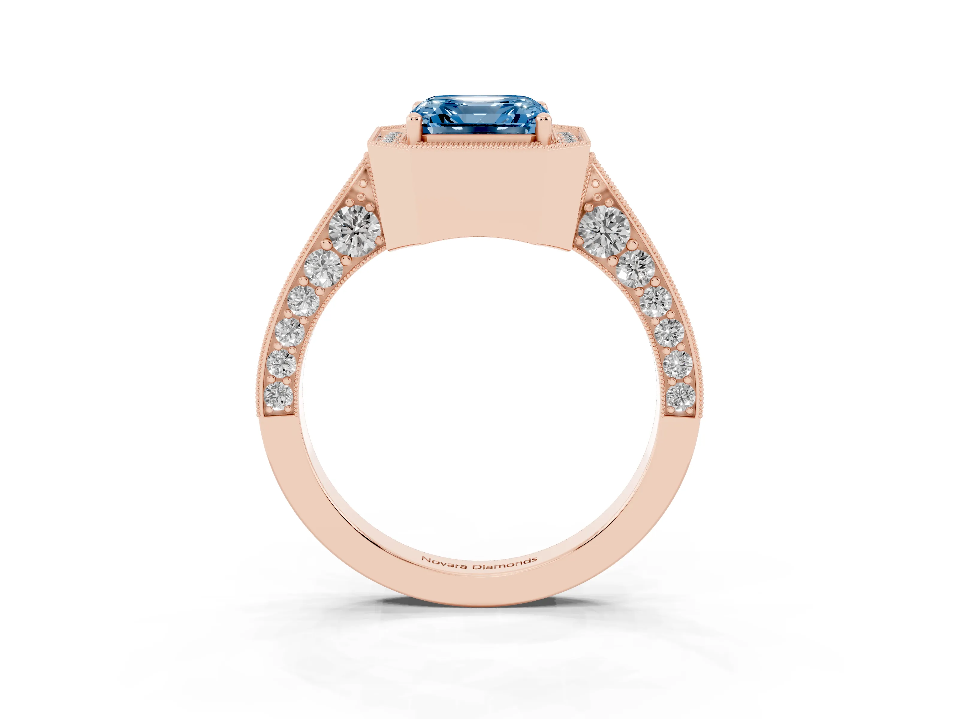 Fancy Blue Asscher Cut Diamond Halo Engagement Ring Set in Rose gold with Accent Split Shank Band