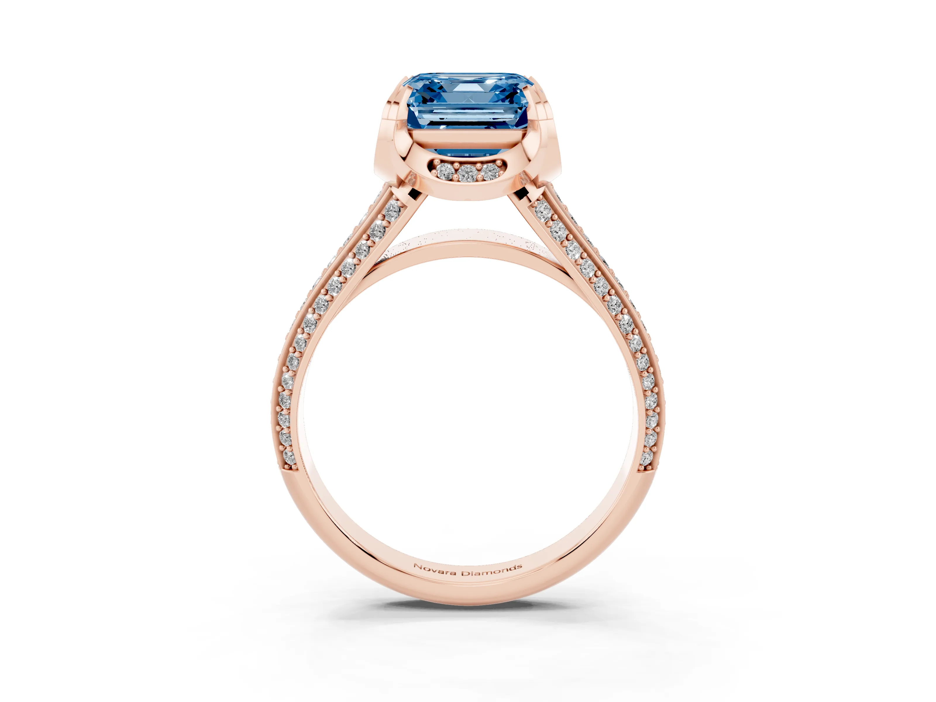 Fancy Blue Asscher Cut Diamond Pavé Split Shank Solitaire Ring Set in Rose gold with Prong Setting