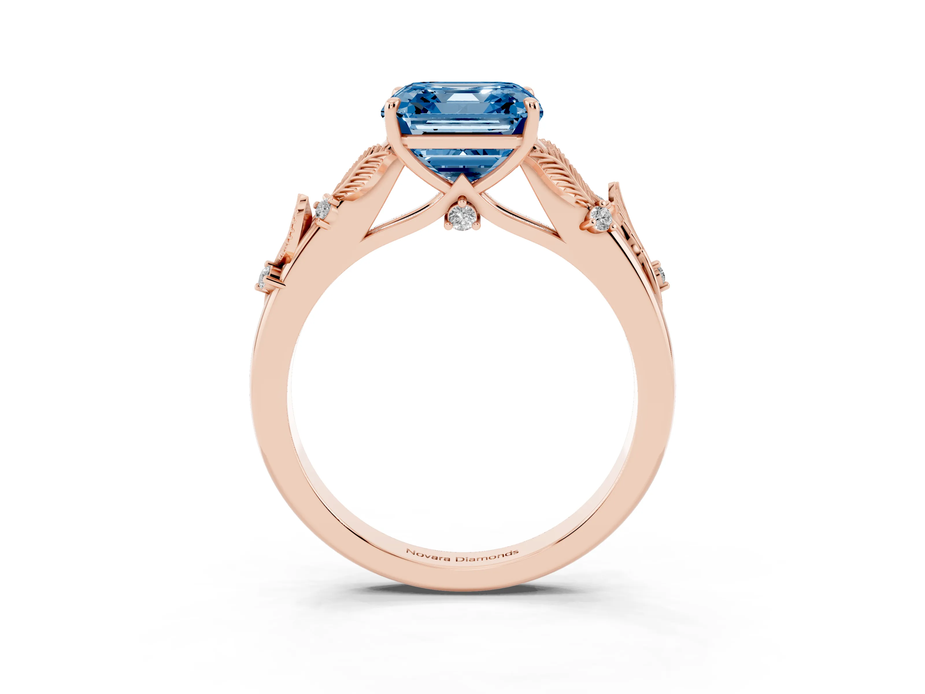 Fancy Blue Asscher Cut Diamond Solitaire Ring Set in Rose gold with Leaf Motif Band