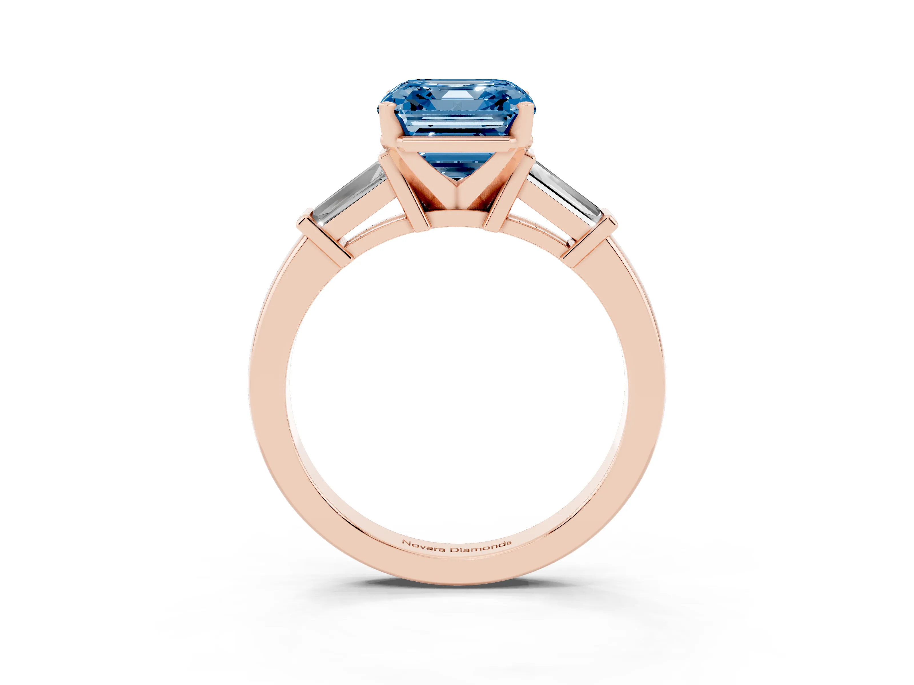 Fancy Blue Asscher Cut Diamond Solitaire Ring Set in Rose gold with Tapered Baguette Accents and Prong Setting