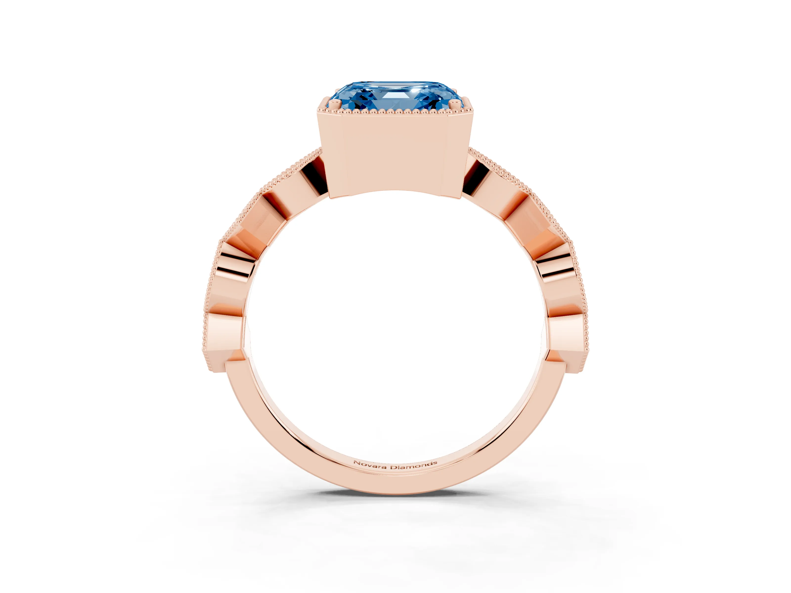 Fancy Blue Asscher Cut Diamond Milgrain Marquise Twist Band Ring Set in Rose gold with Prong Setting