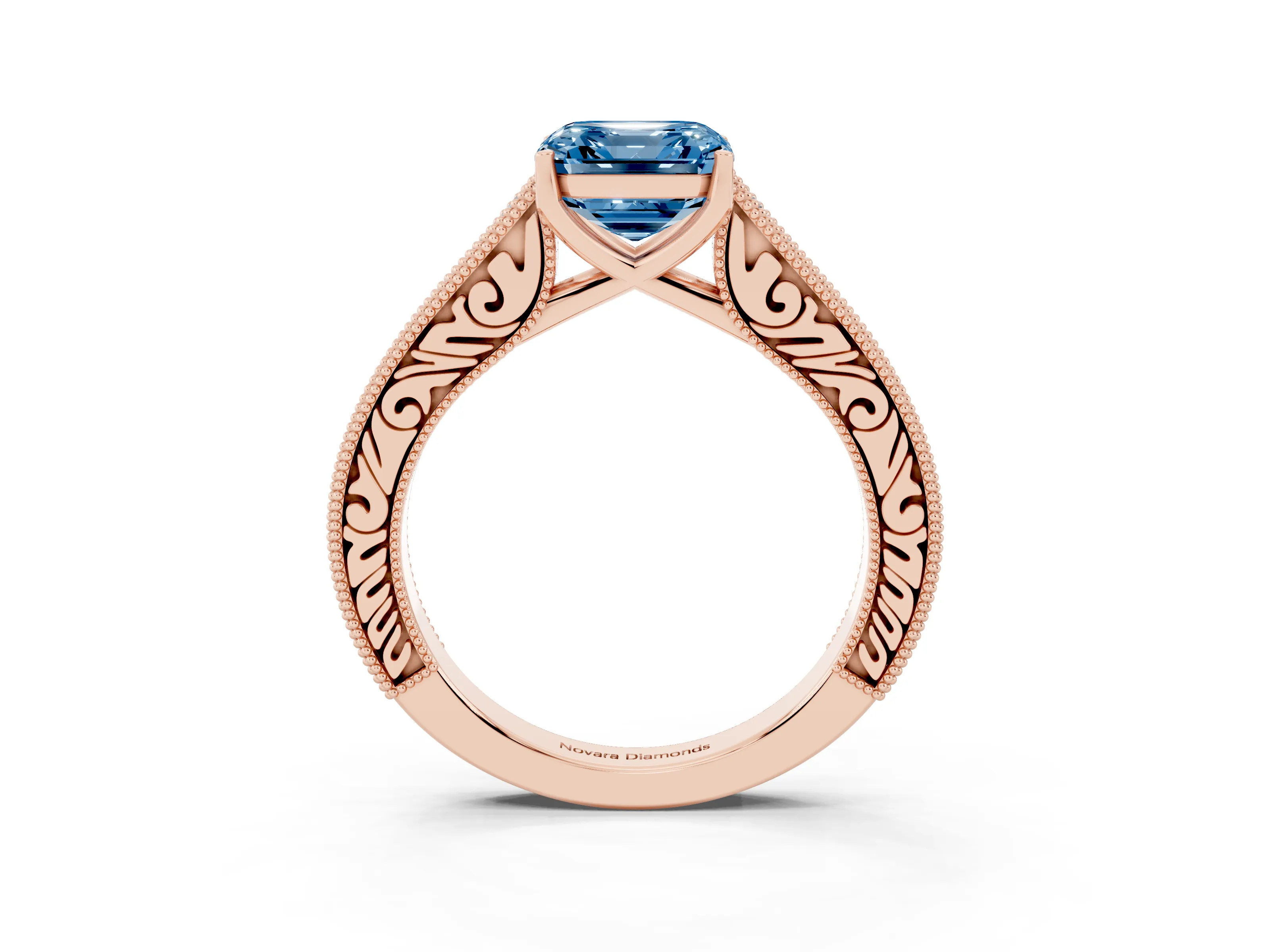 Fancy Blue Asscher Cut Diamond Milgrain Pavé Band Solitaire Ring Set in Rose gold with Prong Setting