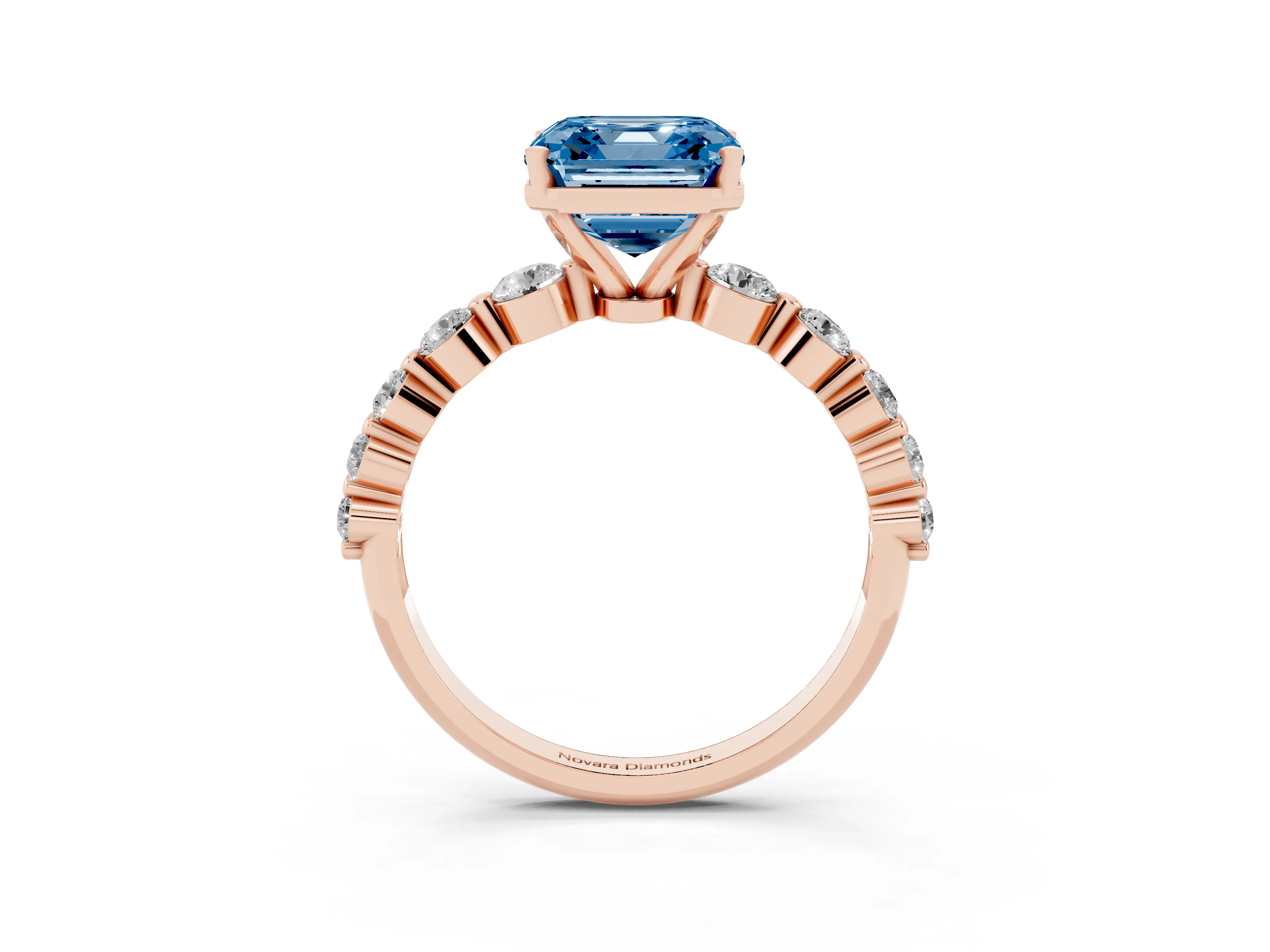 Fancy Blue Asscher Cut Diamond Solitaire Ring Set in Rose gold with Pavé Band and Prong Setting
