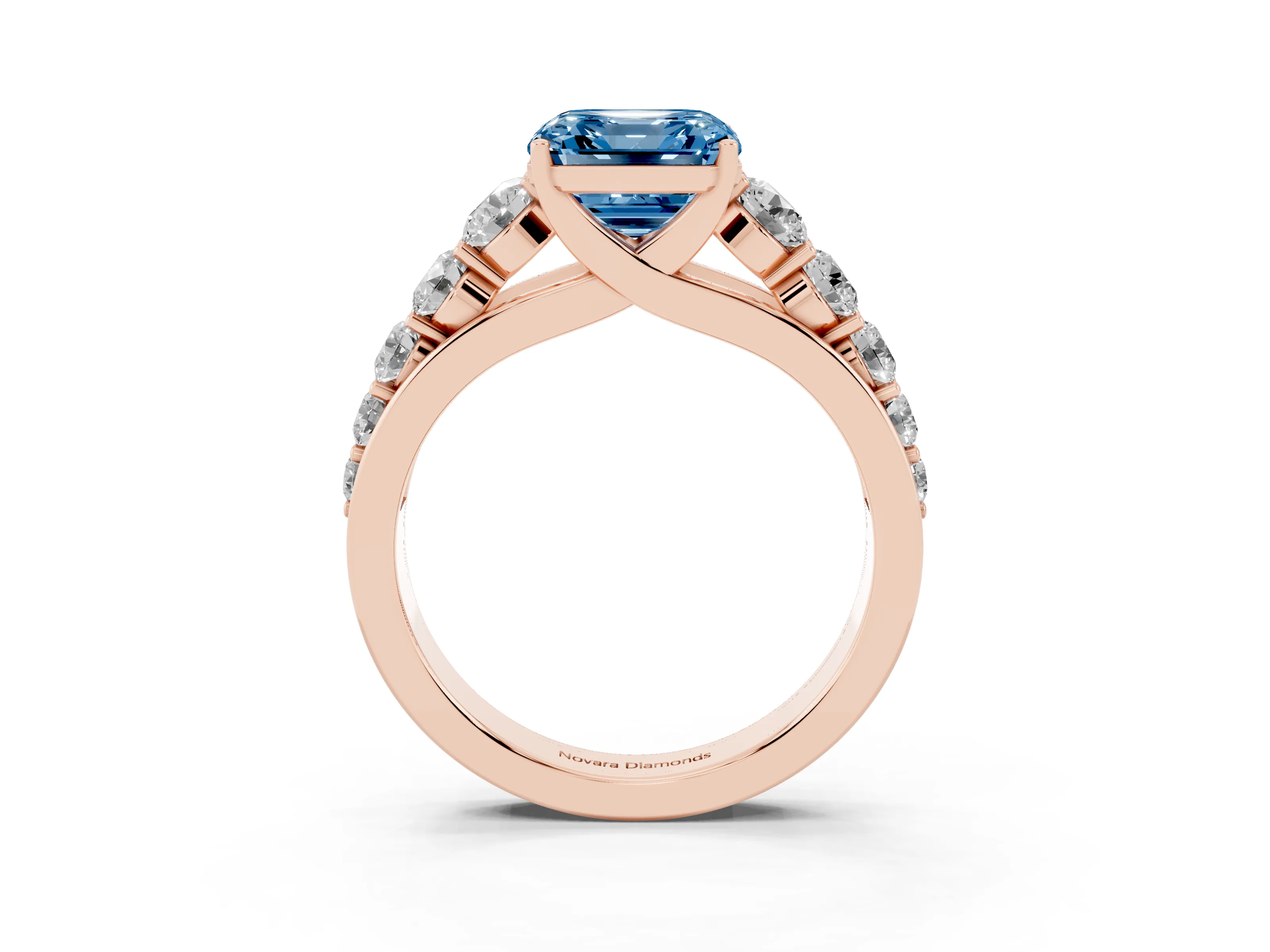 Fancy Blue Asscher Cut Diamond Solitaire Ring Set in Rose gold with Pavé-Set Band and Prong Setting