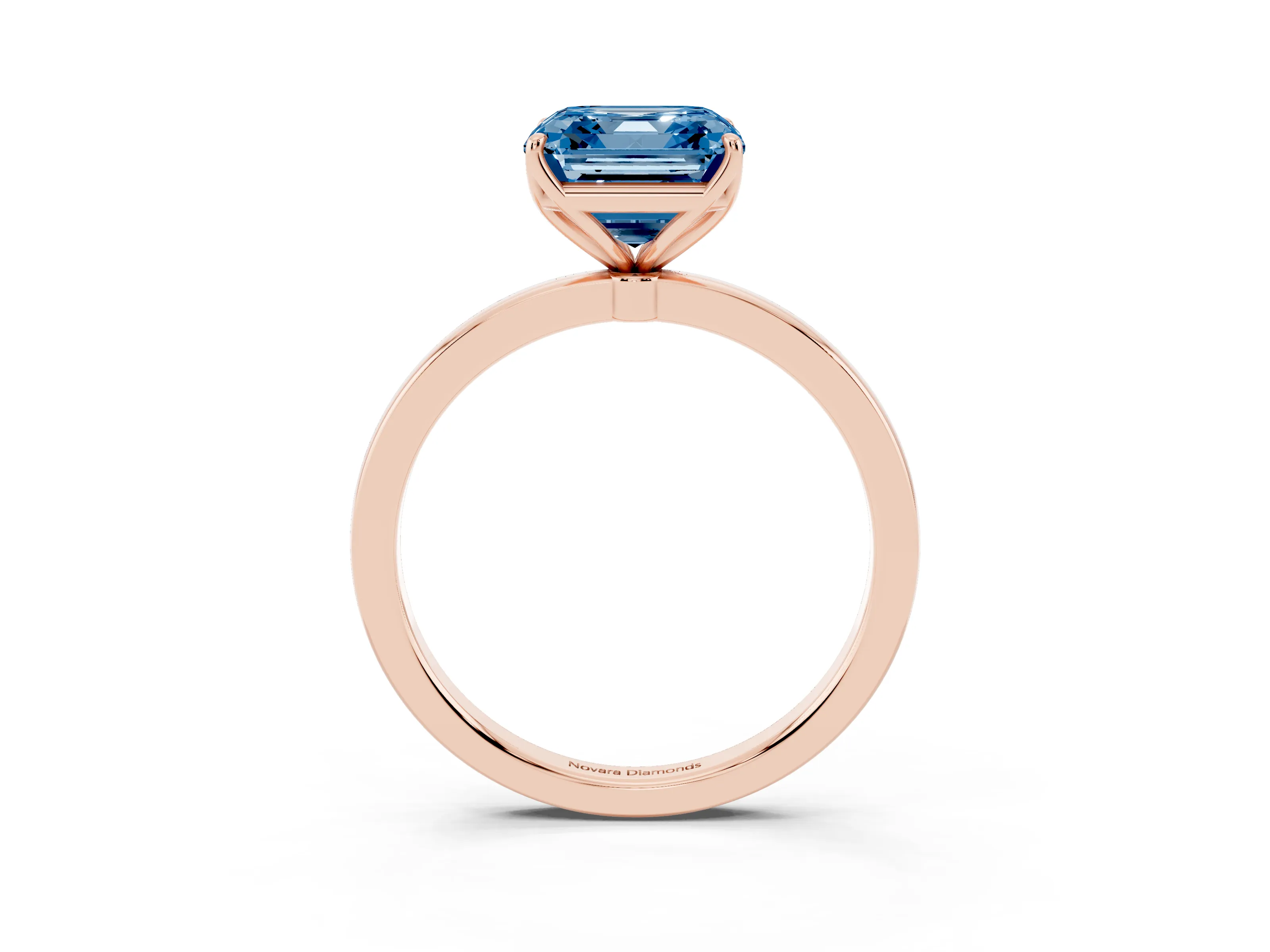 Fancy Blue Asscher Cut Diamond Solitaire Ring Set in Rose gold with Prong Setting and Thin Polished Band
