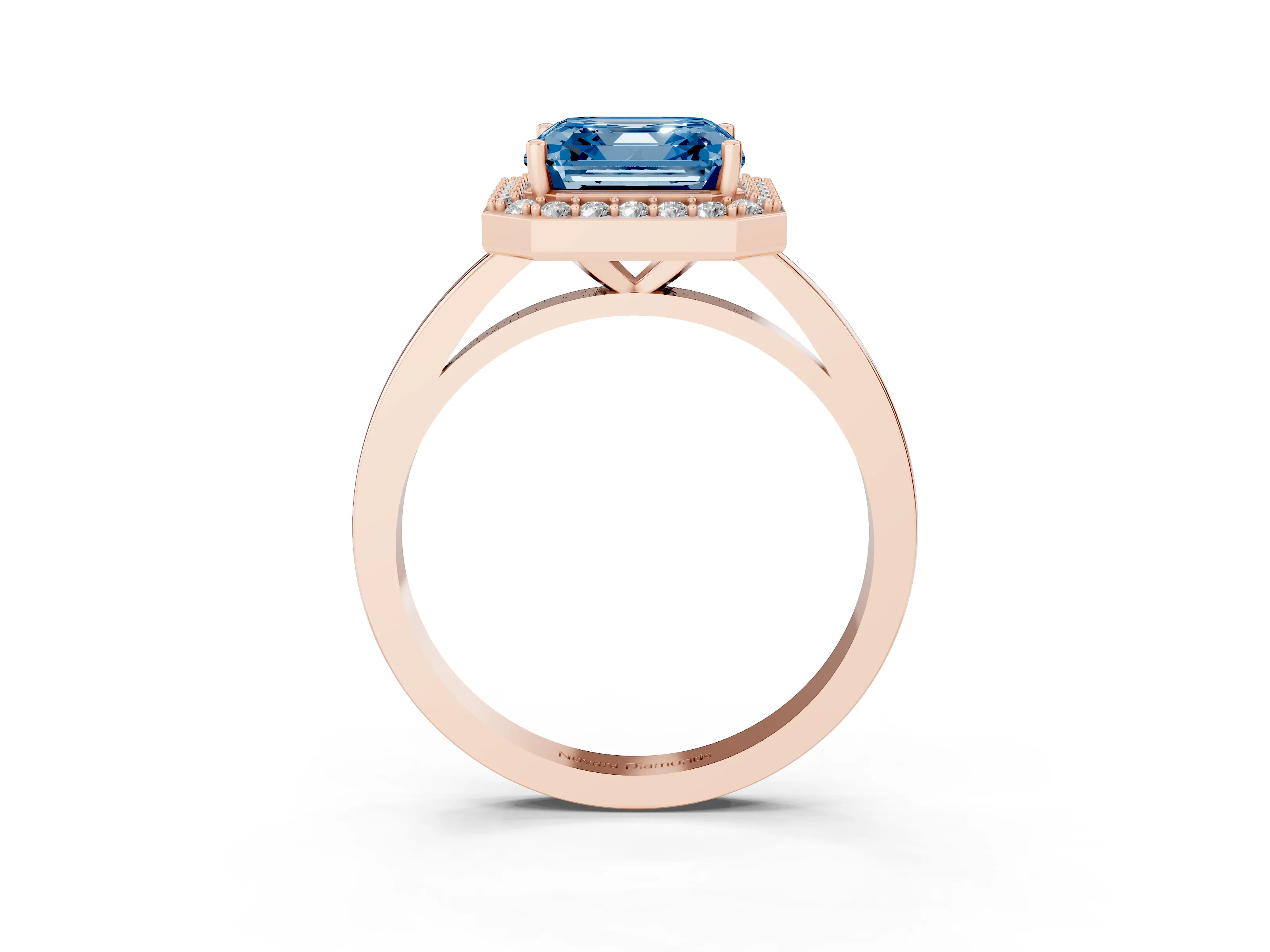 Fancy Blue Asscher Cut Diamond Halo Ring Set in Rose gold with Solitaire Band and Prong Setting