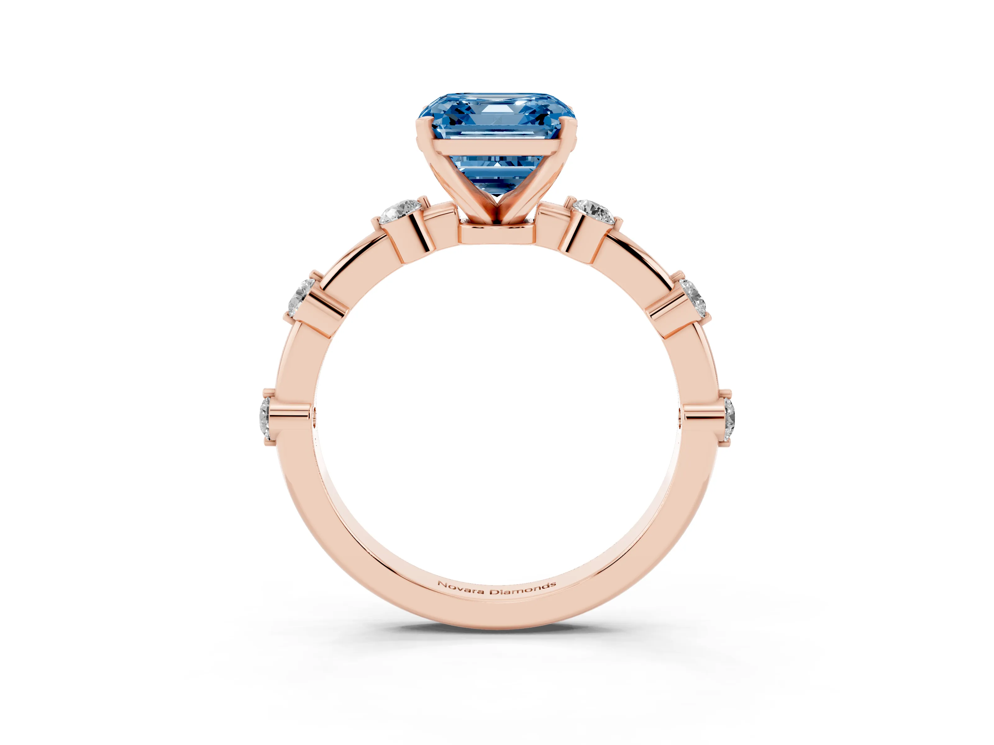 Fancy Blue Asscher Cut Diamond Solitaire Ring Set in Rose gold with Bezel Set Side Stones and Prong Setting