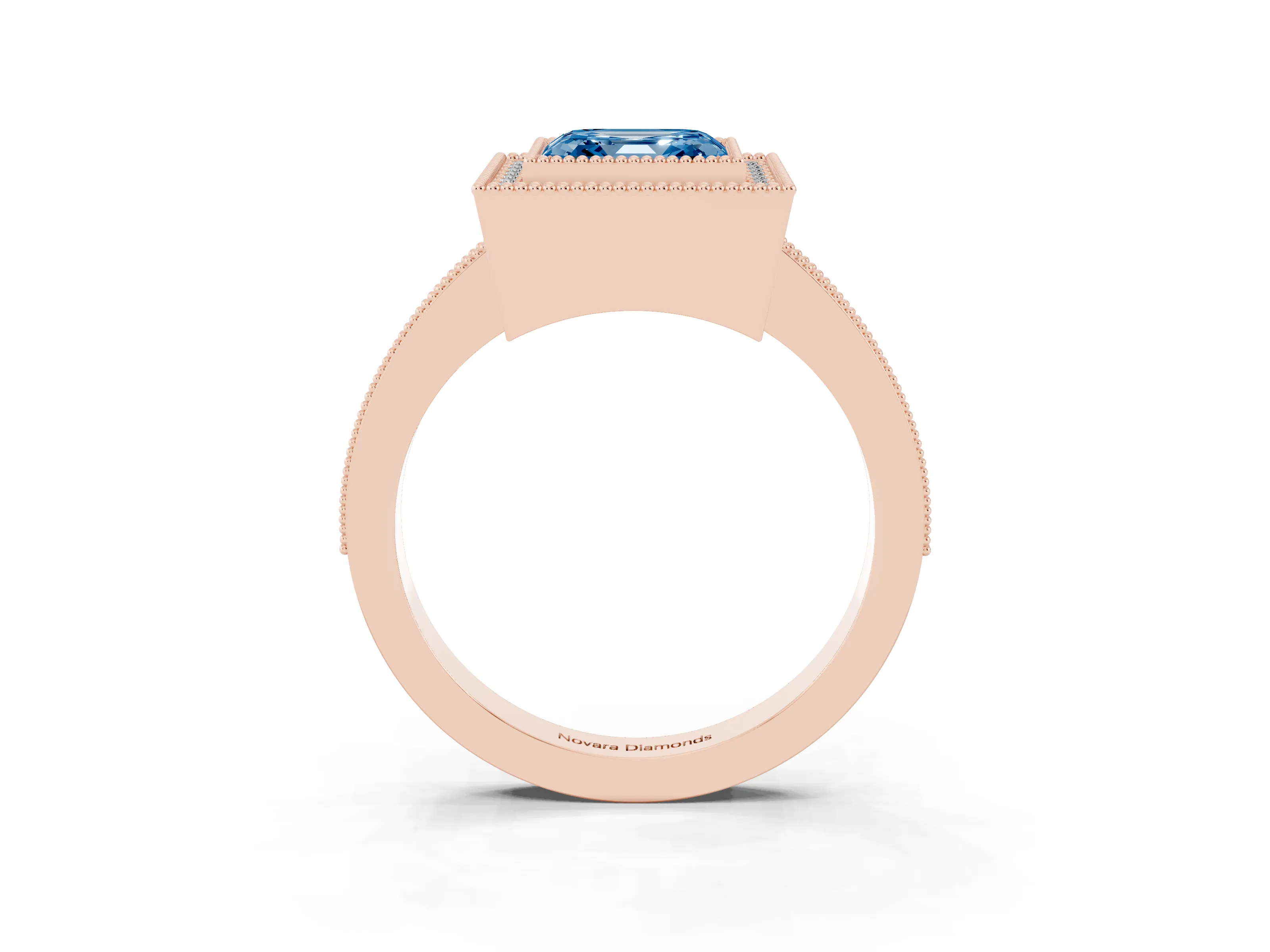 Fancy Blue Asscher Cut Diamond Halo Engagement Ring Set in Rose gold with Pavé Band and Round Halo Stones