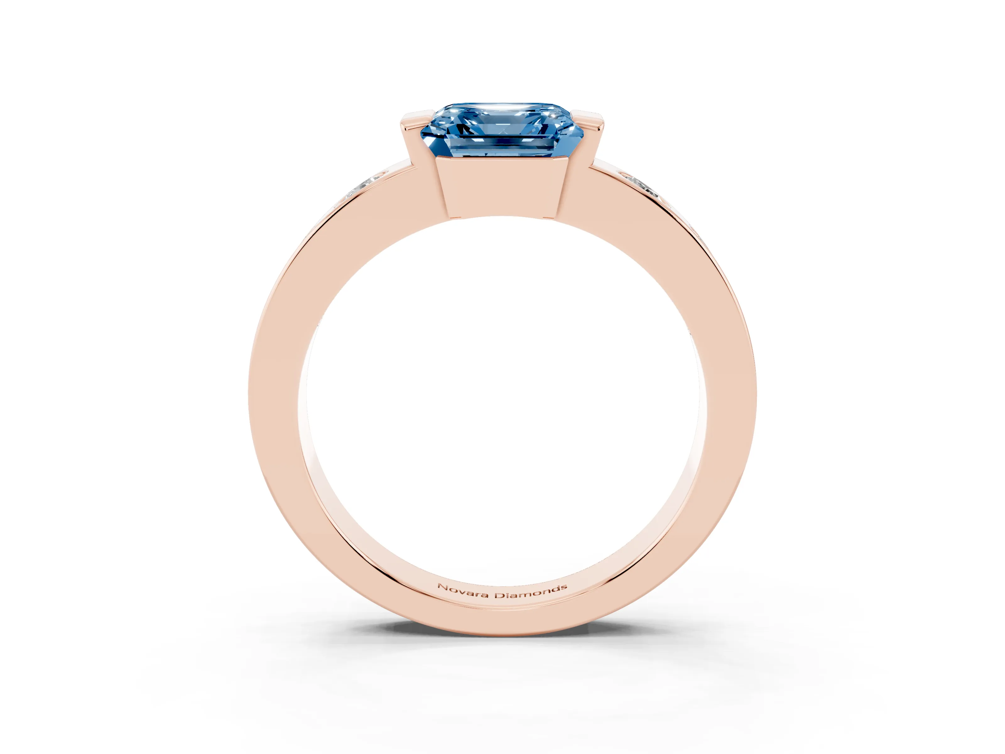 Fancy Blue Asscher Cut Diamond Channel-Set Band Ring Set in Rose gold with Bezel Prong Setting