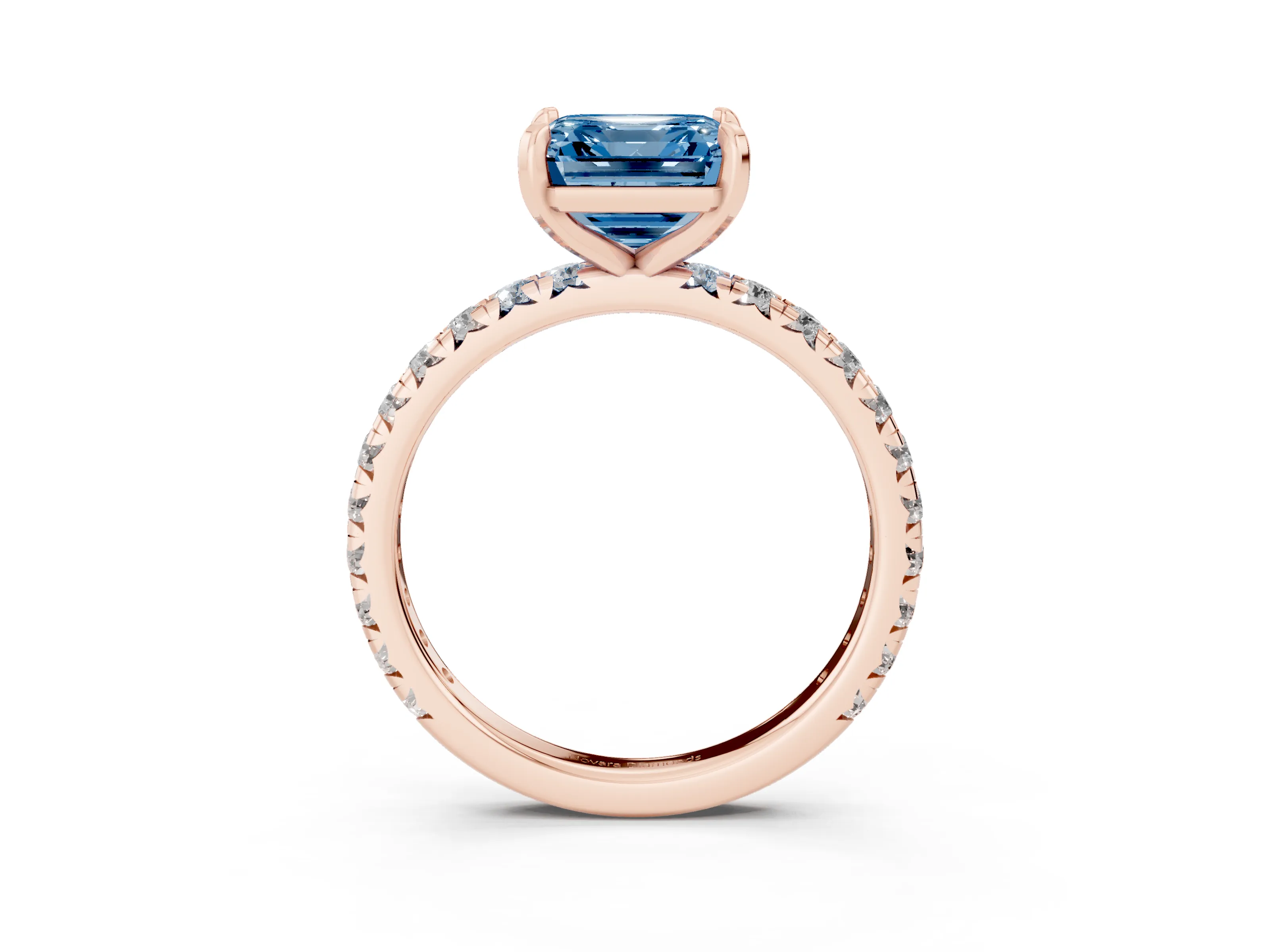 Fancy Blue Asscher Cut Diamond Pavé Solitaire Ring Set in Rose gold with Round Band and Prong Setting