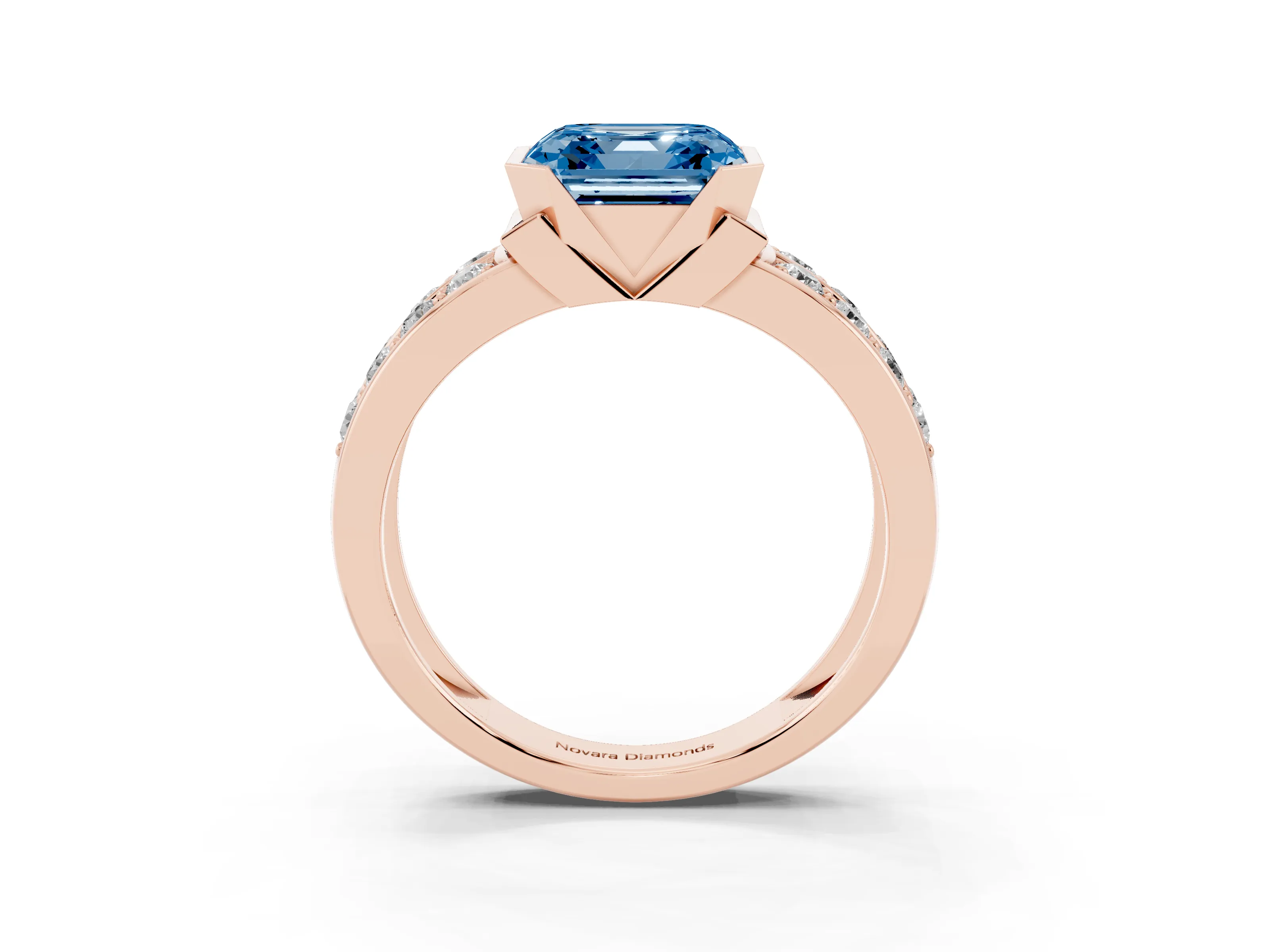 Fancy Blue Asscher Cut Diamond Wide Channel Set Band Ring Set in Rose gold with Bezel Setting