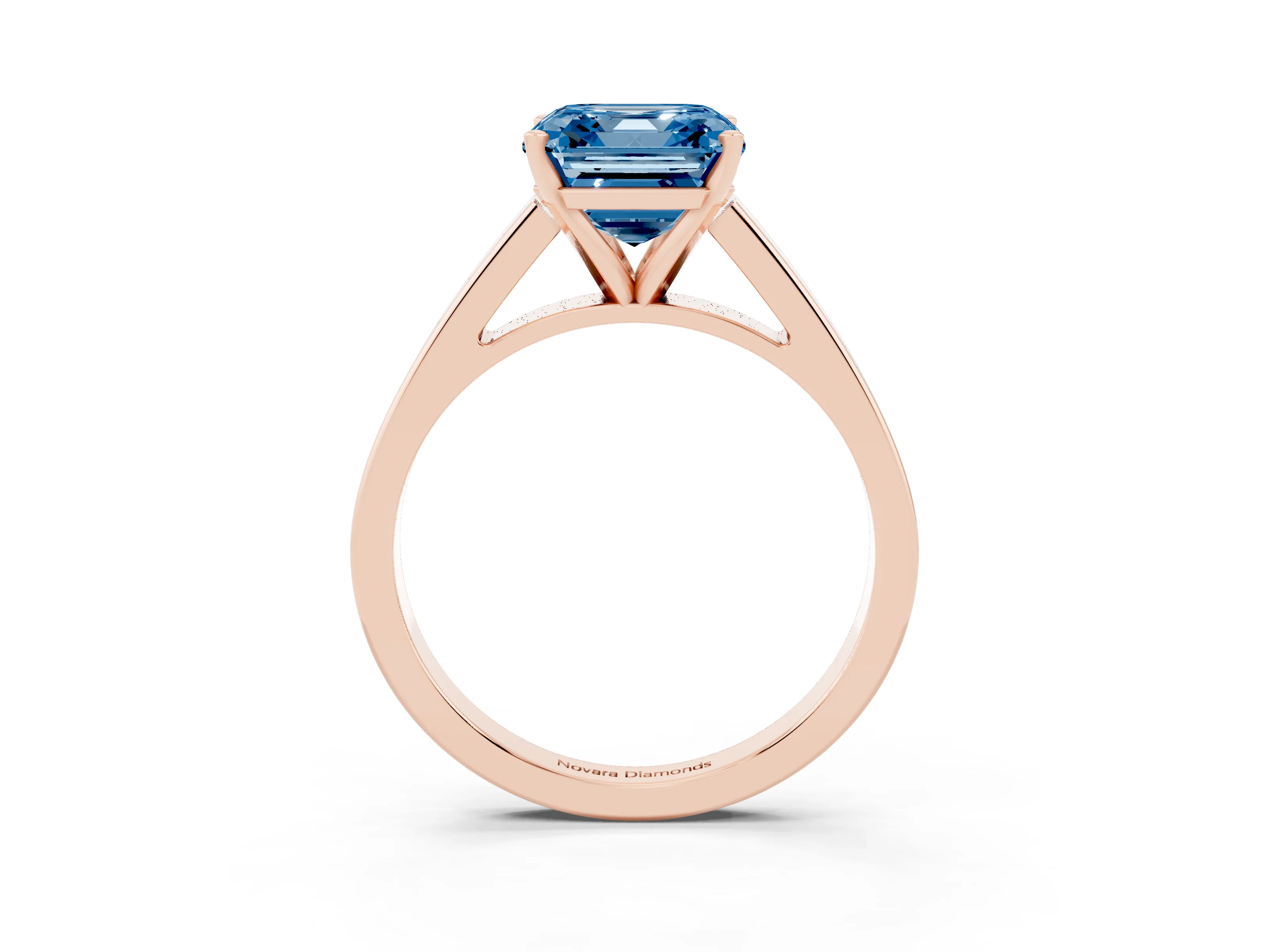 Fancy Blue Asscher Cut Diamond Solitaire Engagement Ring Set in Rose gold with Prong Setting and Tapered Band