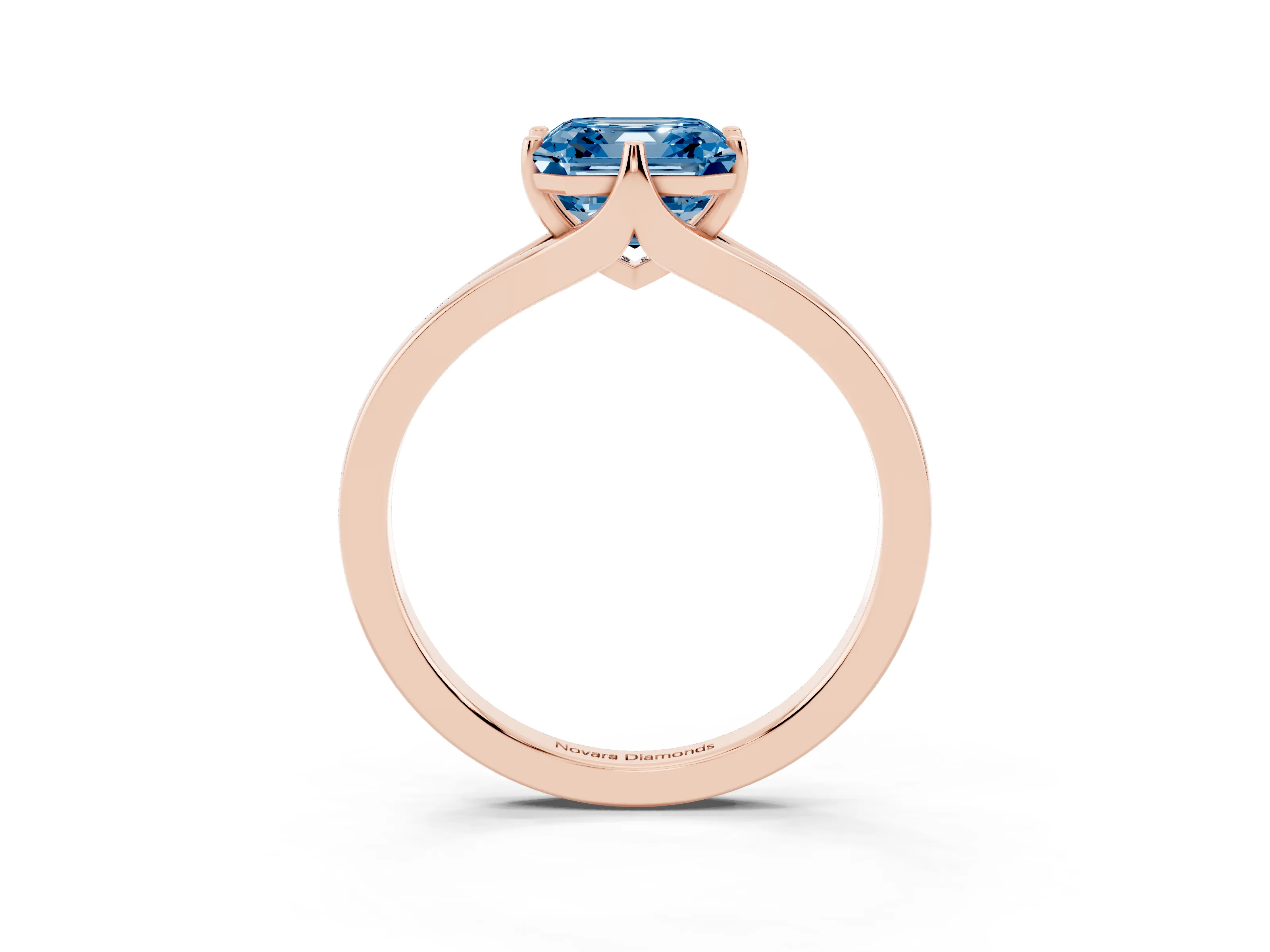 Fancy Blue Asscher Cut Diamond Solitaire Ring Set in Rose gold with Polished Tapered Band and Prong Setting