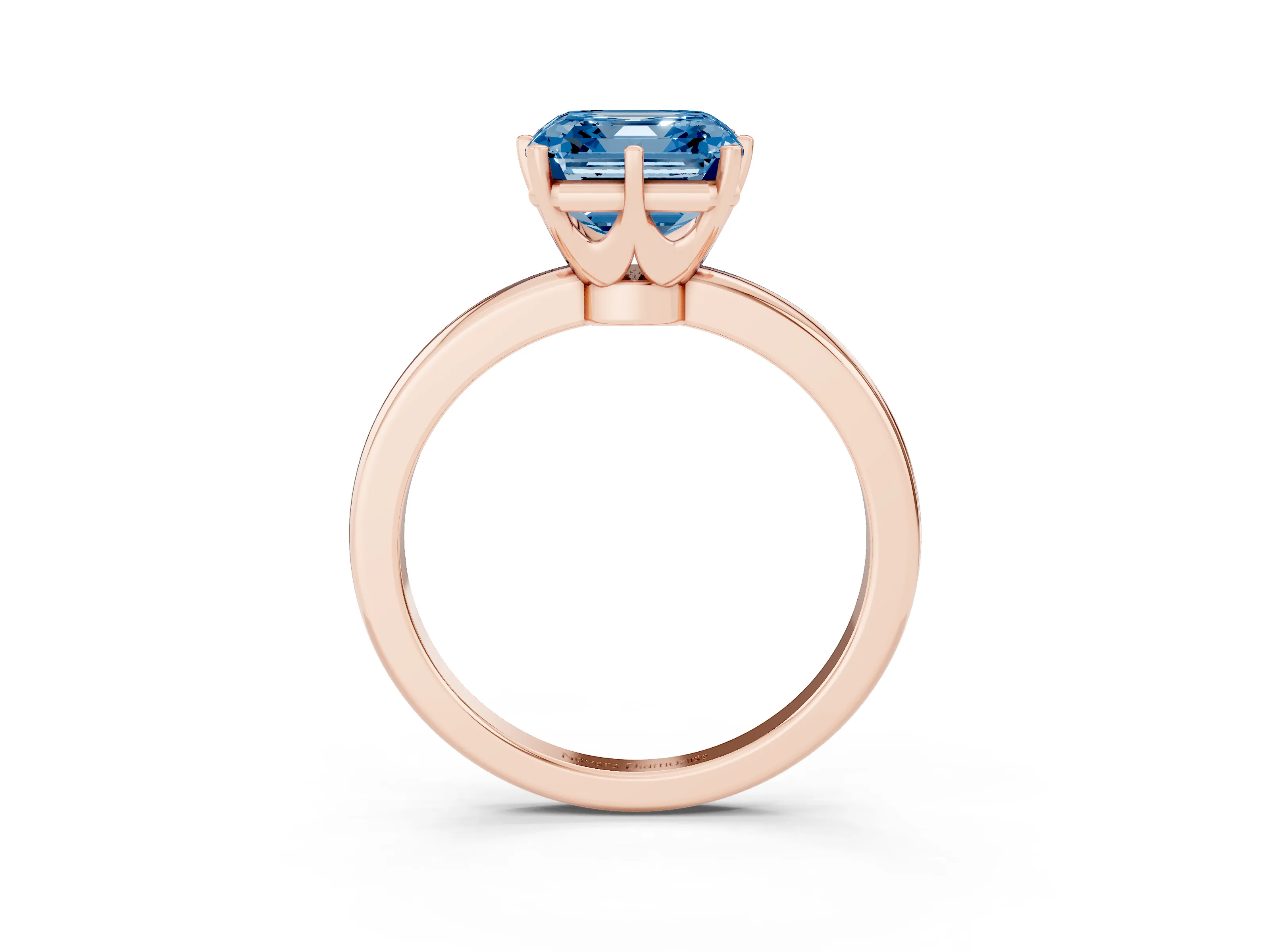 Fancy Blue Asscher Cut Diamond Solitaire Ring Set in Rose gold with Raised Prong Setting on a Classic Band