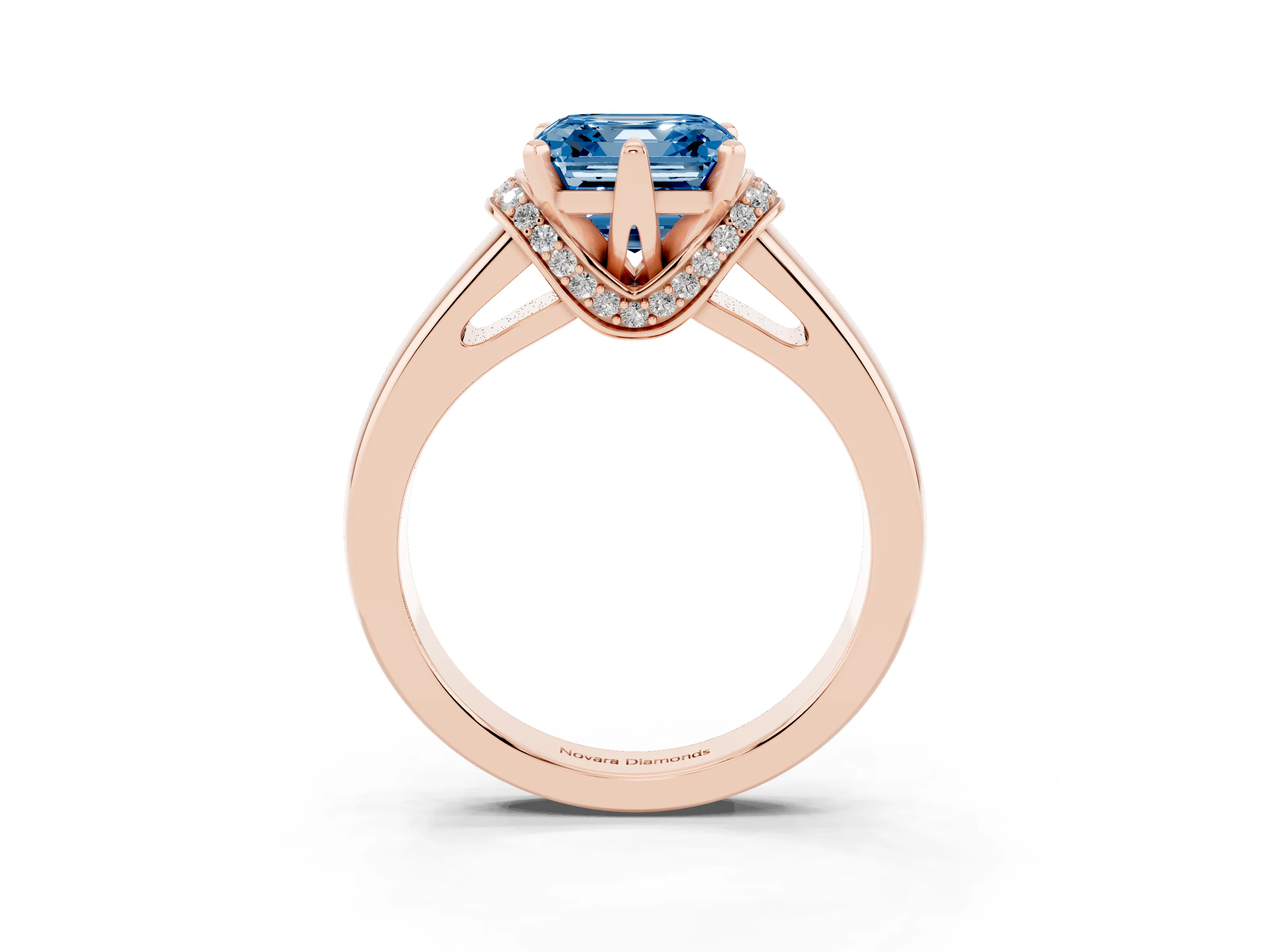 Fancy Blue Asscher Cut Diamond Pavé Band Solitaire Ring Set in Rose gold with Prong Setting