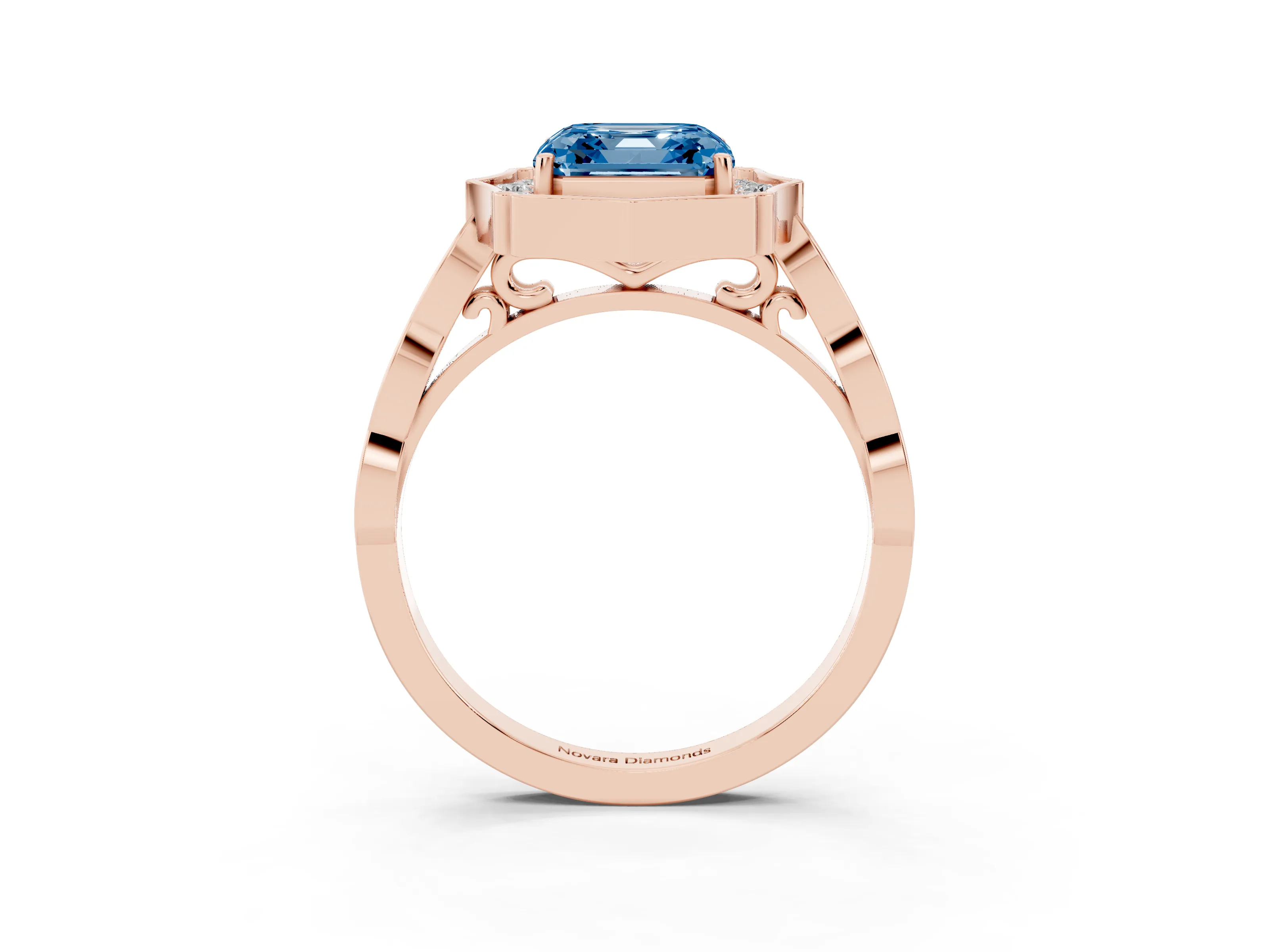 Fancy Blue Asscher Cut Diamond Halo Engagement Ring Set in Rose gold with Milgrain Band and Prong Setting