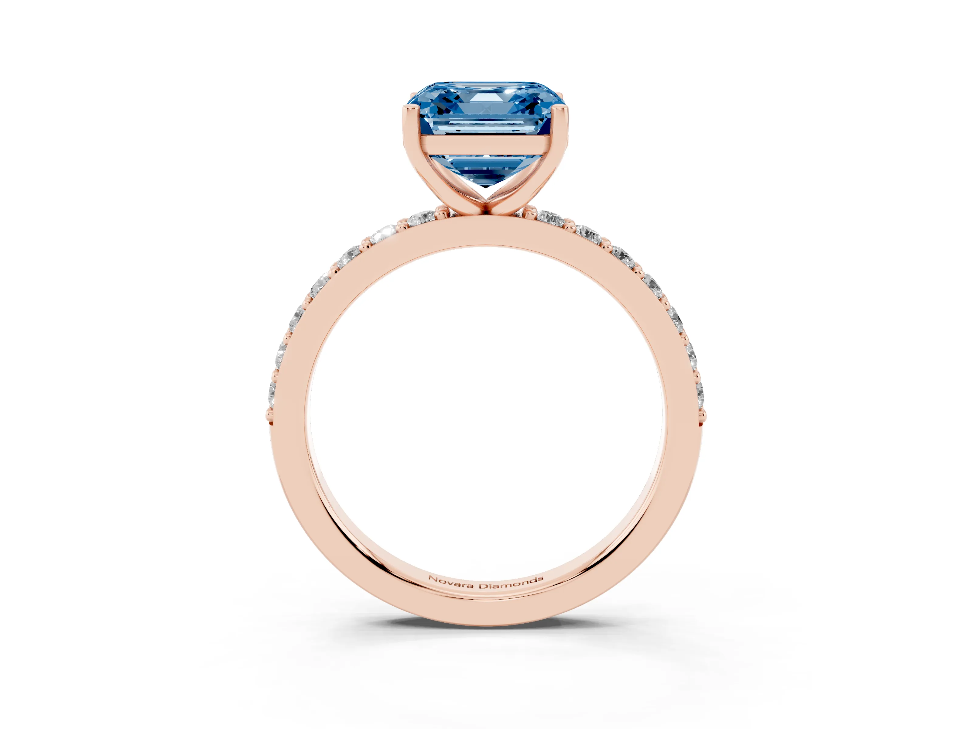 Fancy Blue Asscher Cut Diamond Solitaire Set in Rose gold with Round Pavé Band and Prong Setting