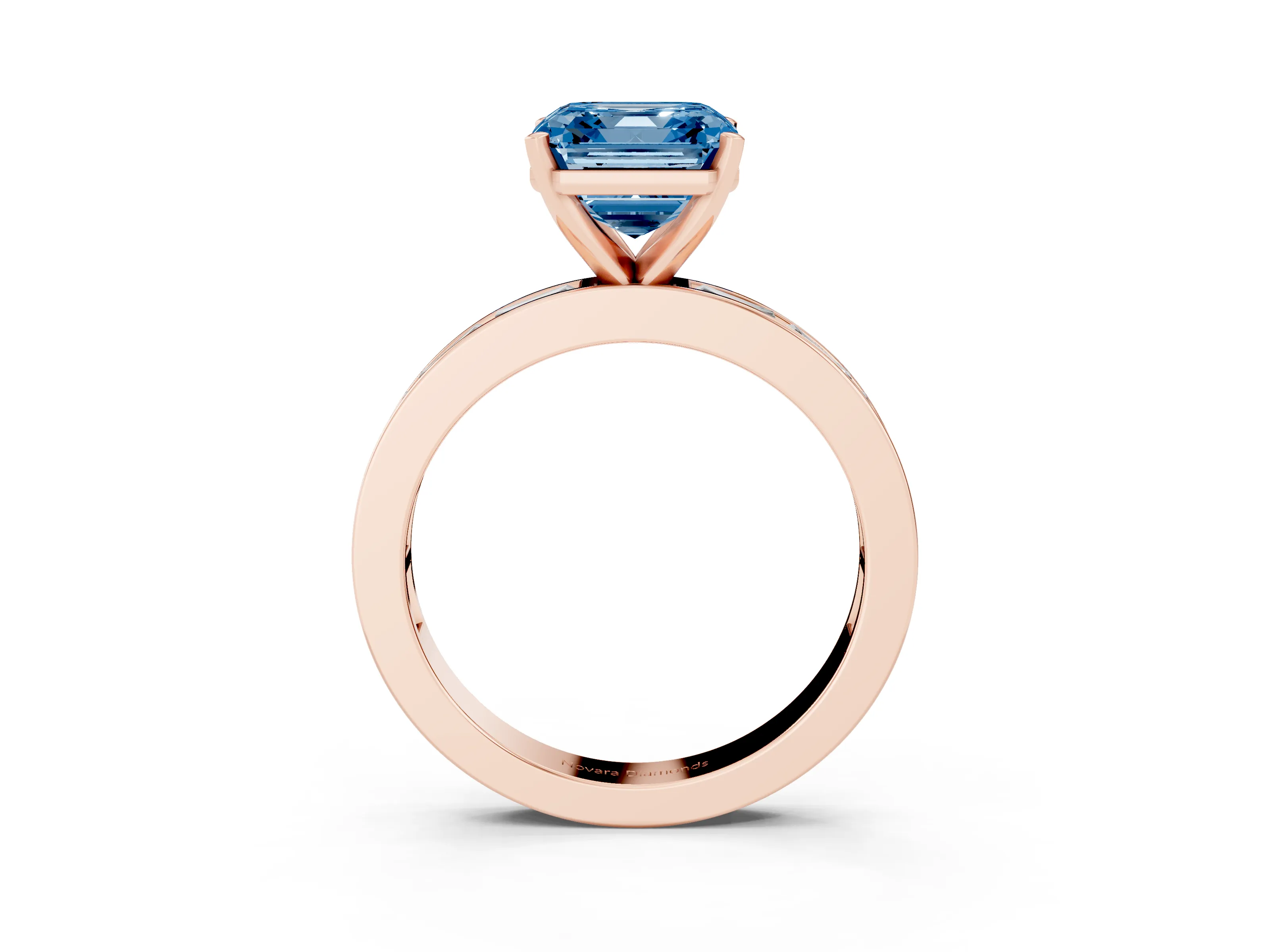 Fancy Blue Asscher Cut Diamond Solitaire Ring Set in Rose gold with Channel-Set Baguette Band and Prong Setting