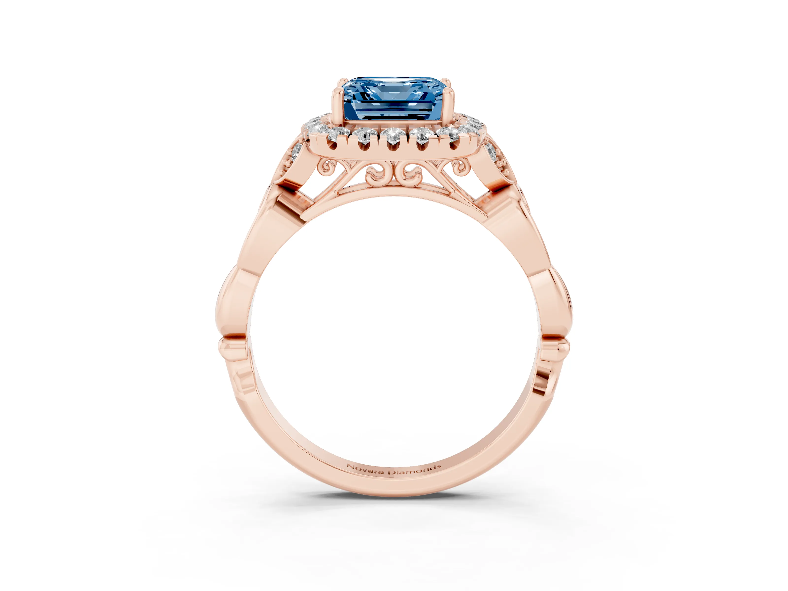 Fancy Blue Asscher Cut Diamond Halo Engagement Ring Set in Rose gold with Vintage-Inspired Band and Prong Setting