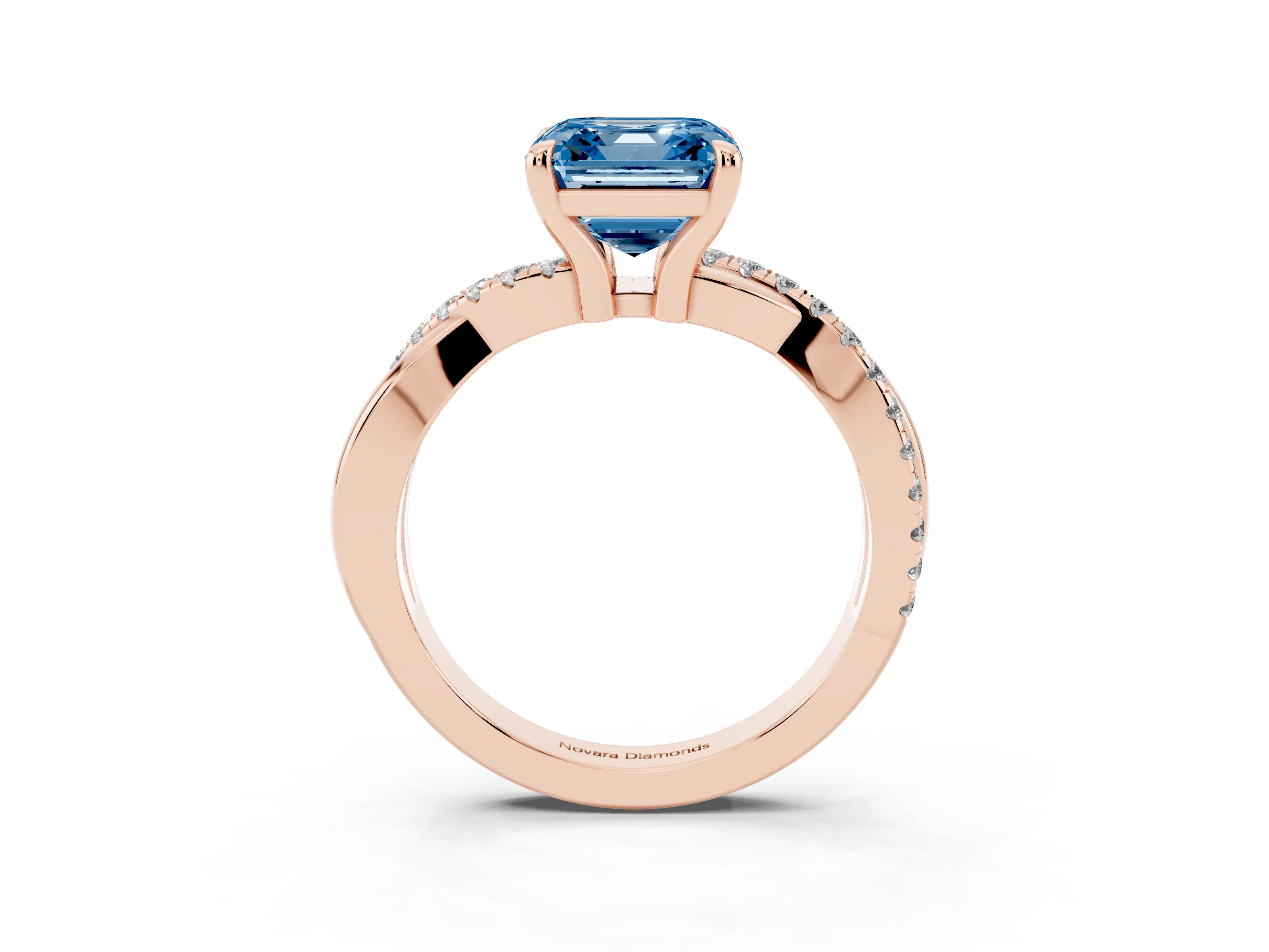 Fancy Blue Asscher Cut Diamond Twist Band Pavé Solitaire Ring Set in Rose gold with Prong Setting